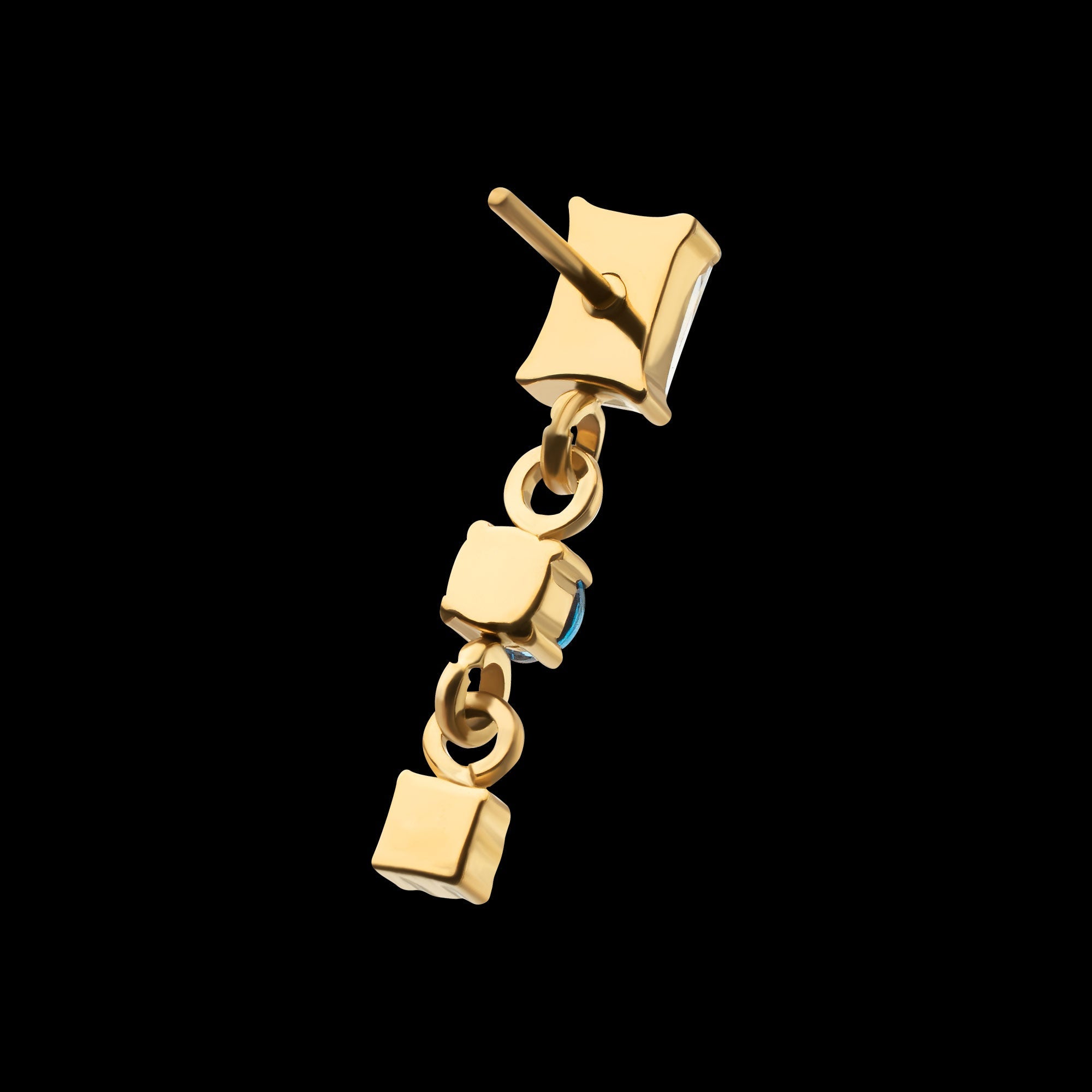 Prong-Set Gem Baguette with Double Gem Dangle Threadless Earring / Nosering – 24Kt Gold PVD Titanium
