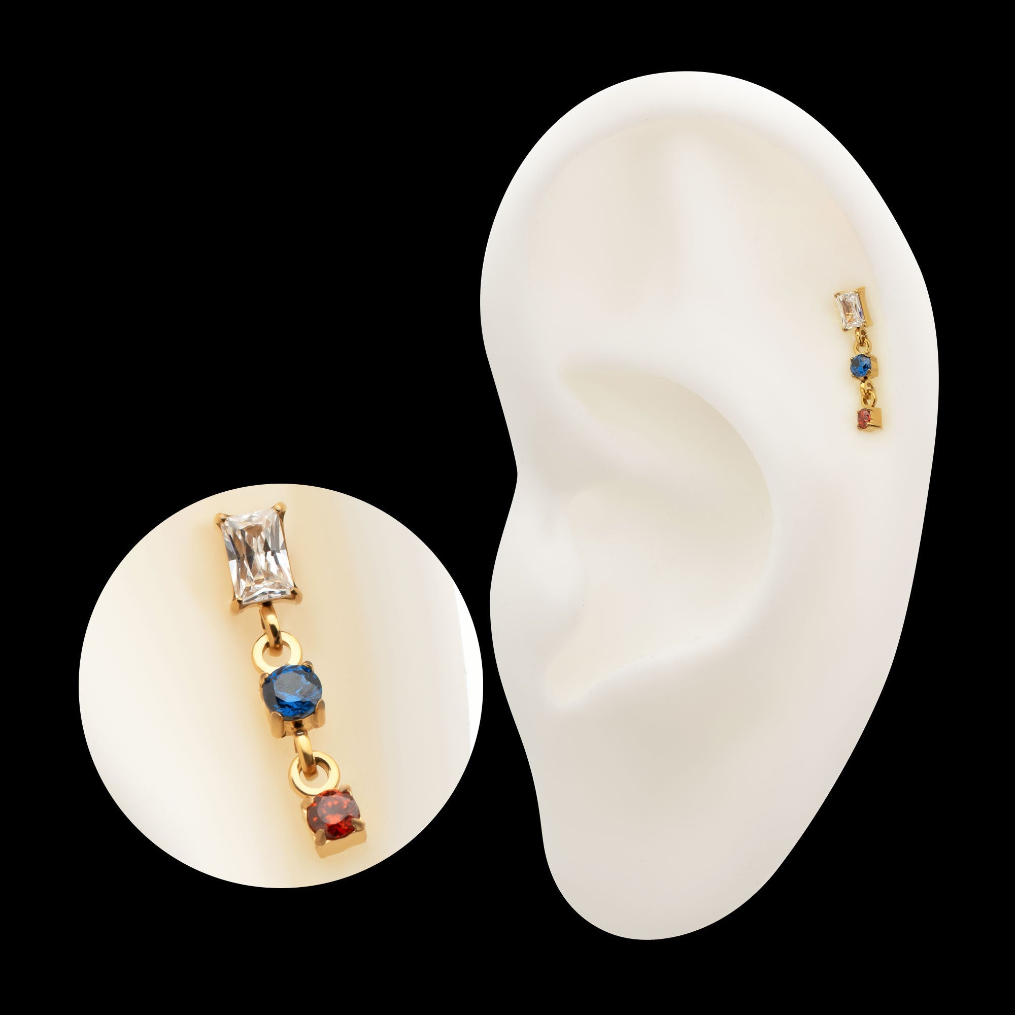 Prong-Set Gem Baguette with Double Gem Dangle Threadless Earring / Nosering – 24Kt Gold PVD Titanium