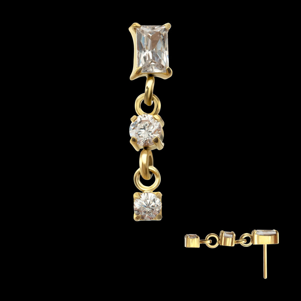 Prong-Set Gem Baguette with Double Round Gem Dangle Threadless Earring / Nosering – 24Kt Gold PVD Titanium