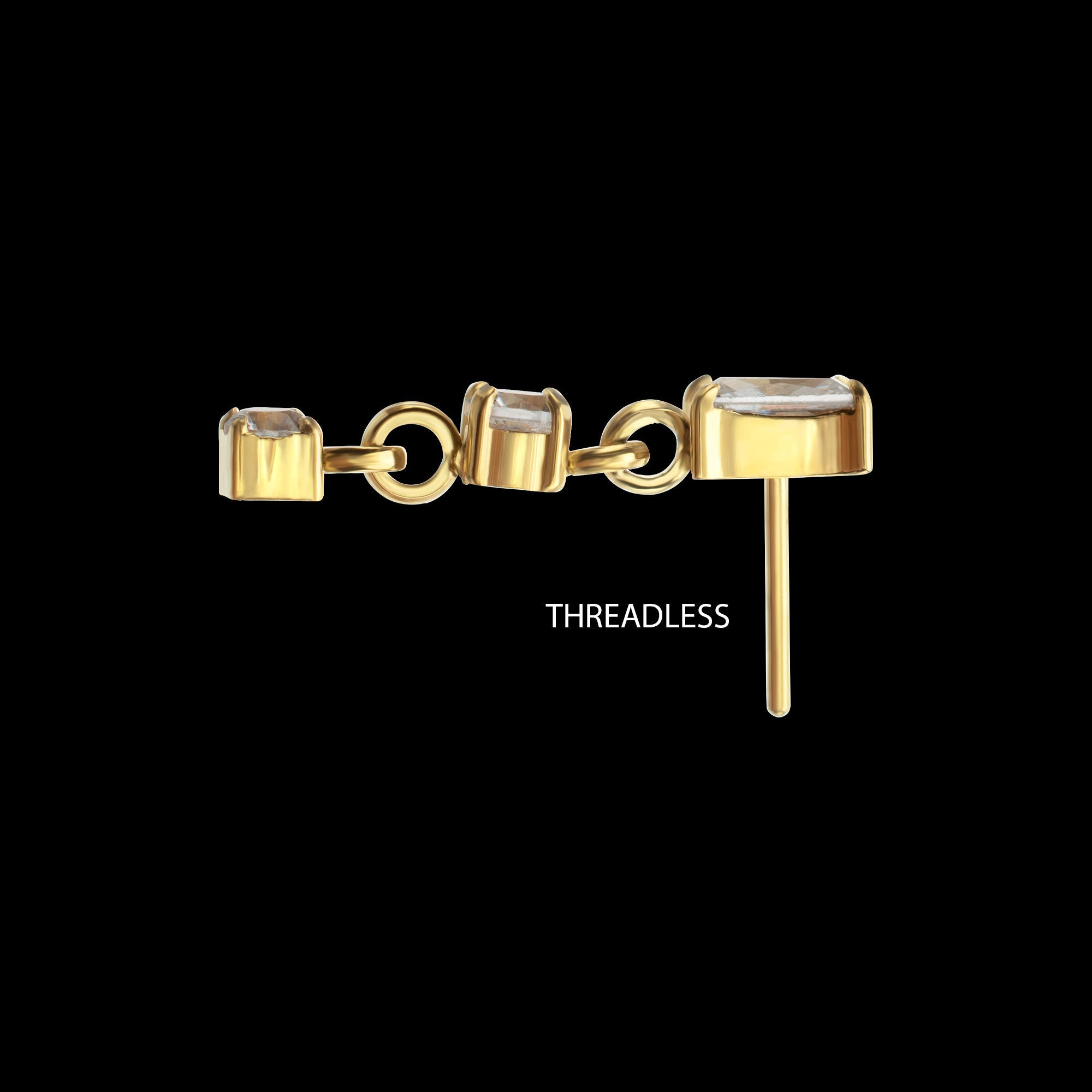 Prong-Set Gem Baguette with Double Round Gem Dangle Threadless Earring / Nosering – 24Kt Gold PVD Titanium