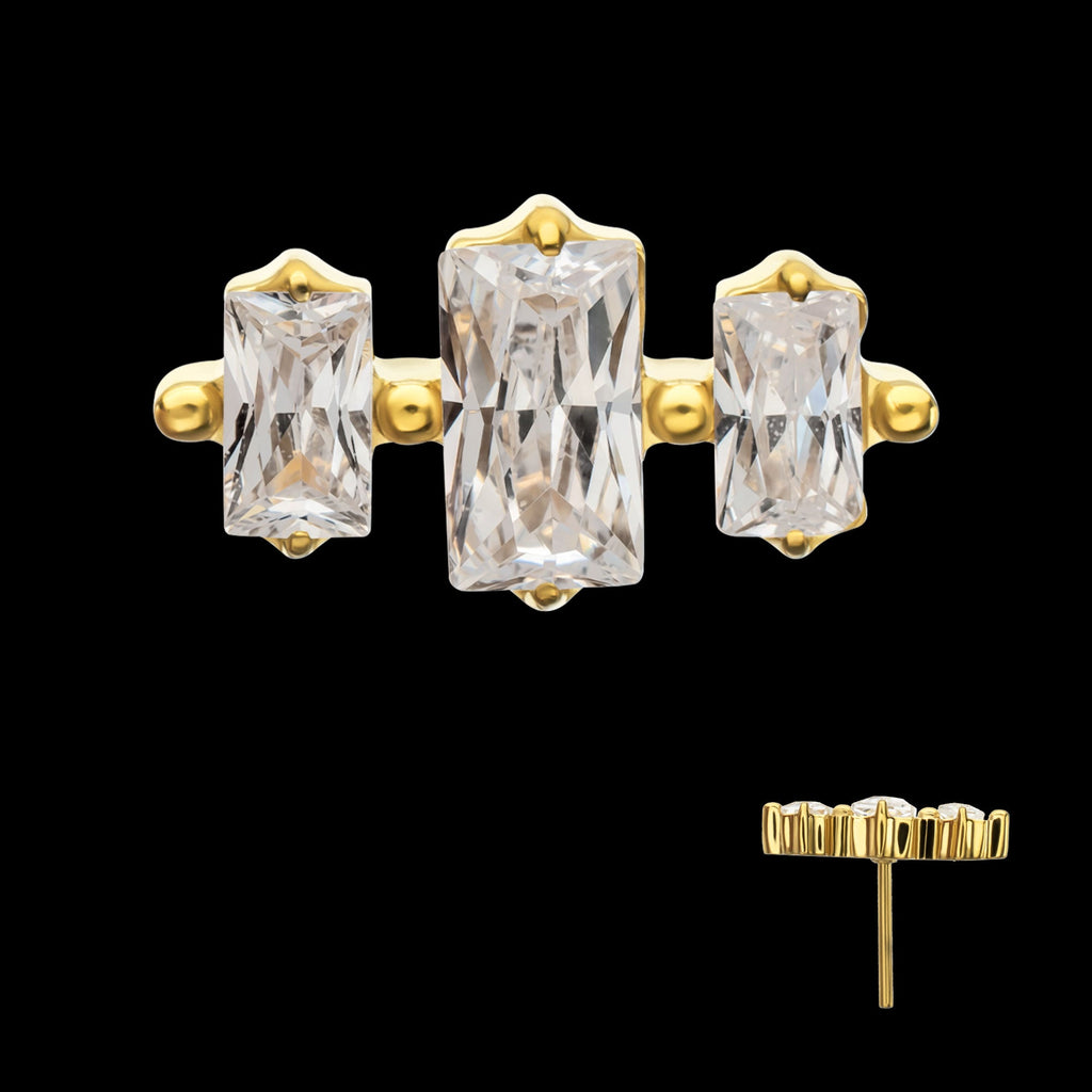 Triple Baguette Prong-Set Gem Threadless Earring / Nosering – 24Kt Gold PVD Titanium