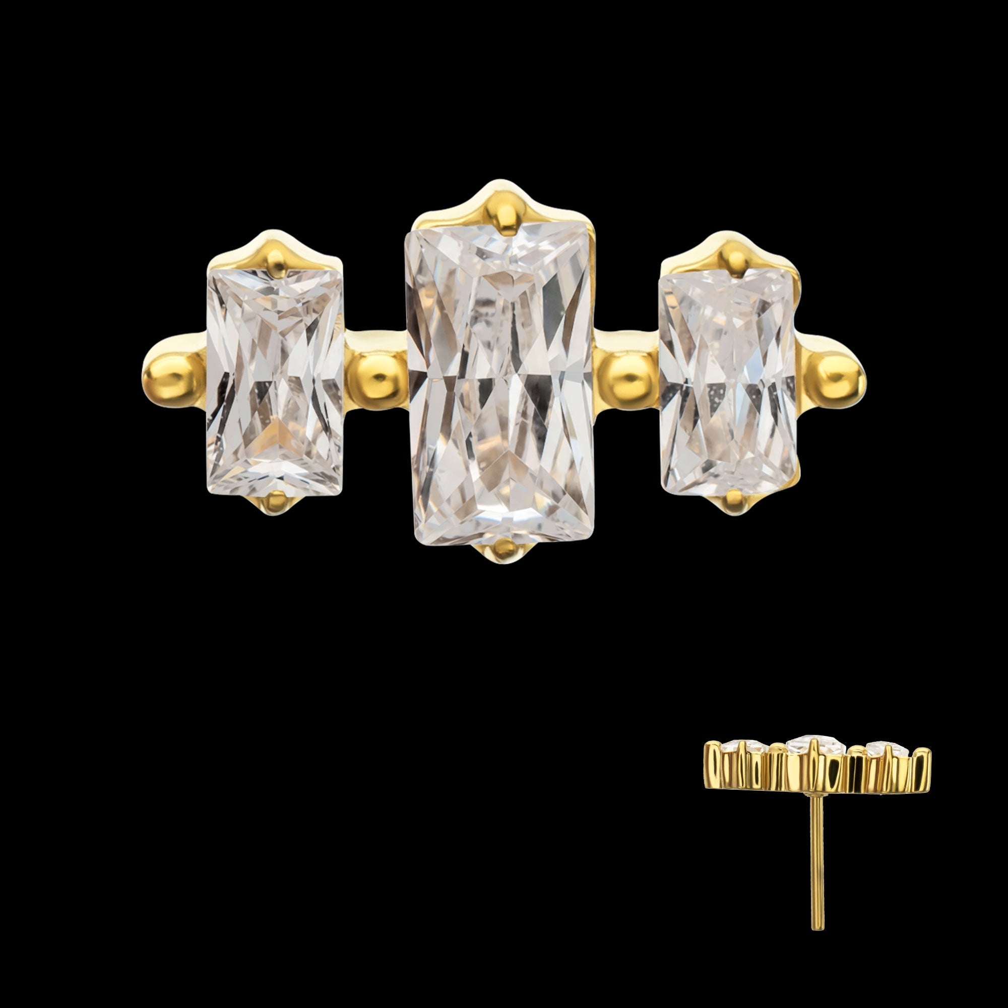 Triple Baguette Prong-Set Gem Threadless Earring / Nosering – 24Kt Gold PVD Titanium