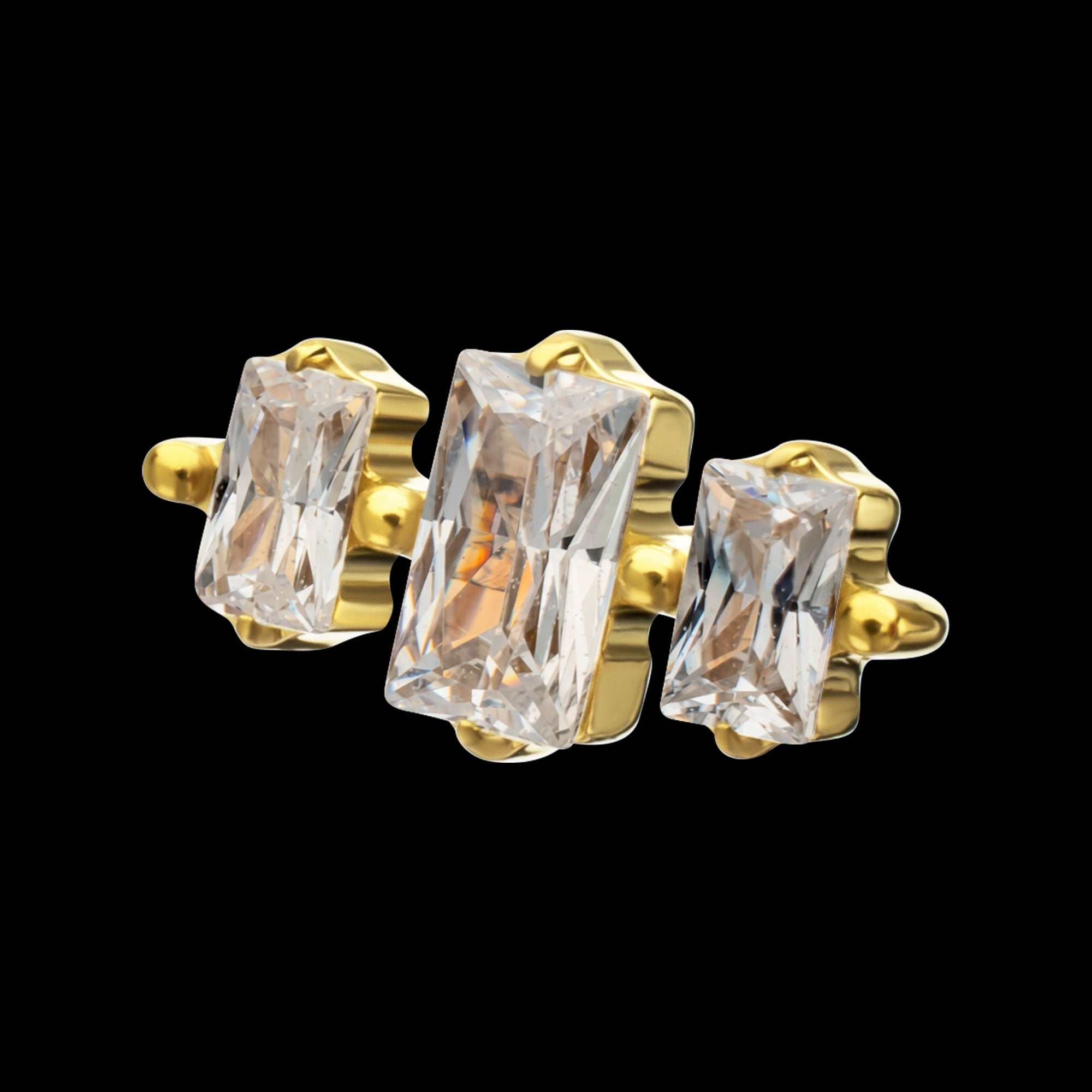 Triple Baguette Prong-Set Gem Threadless Earring / Nosering – 24Kt Gold PVD Titanium