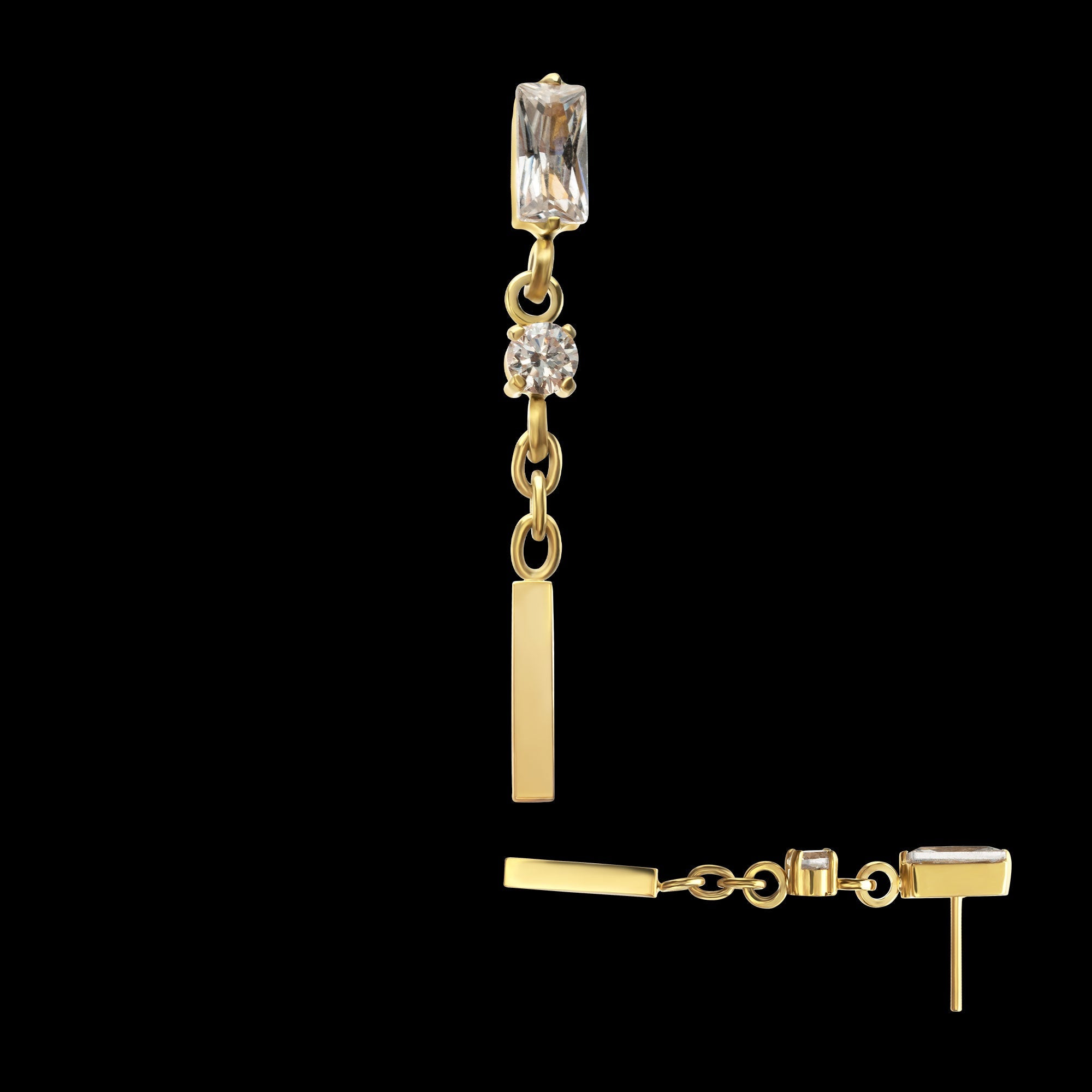 Prong-Set Gem Baguette with Round Gem & Bar Dangle Threadless Earring / Nosering – 24Kt Gold PVD Titanium