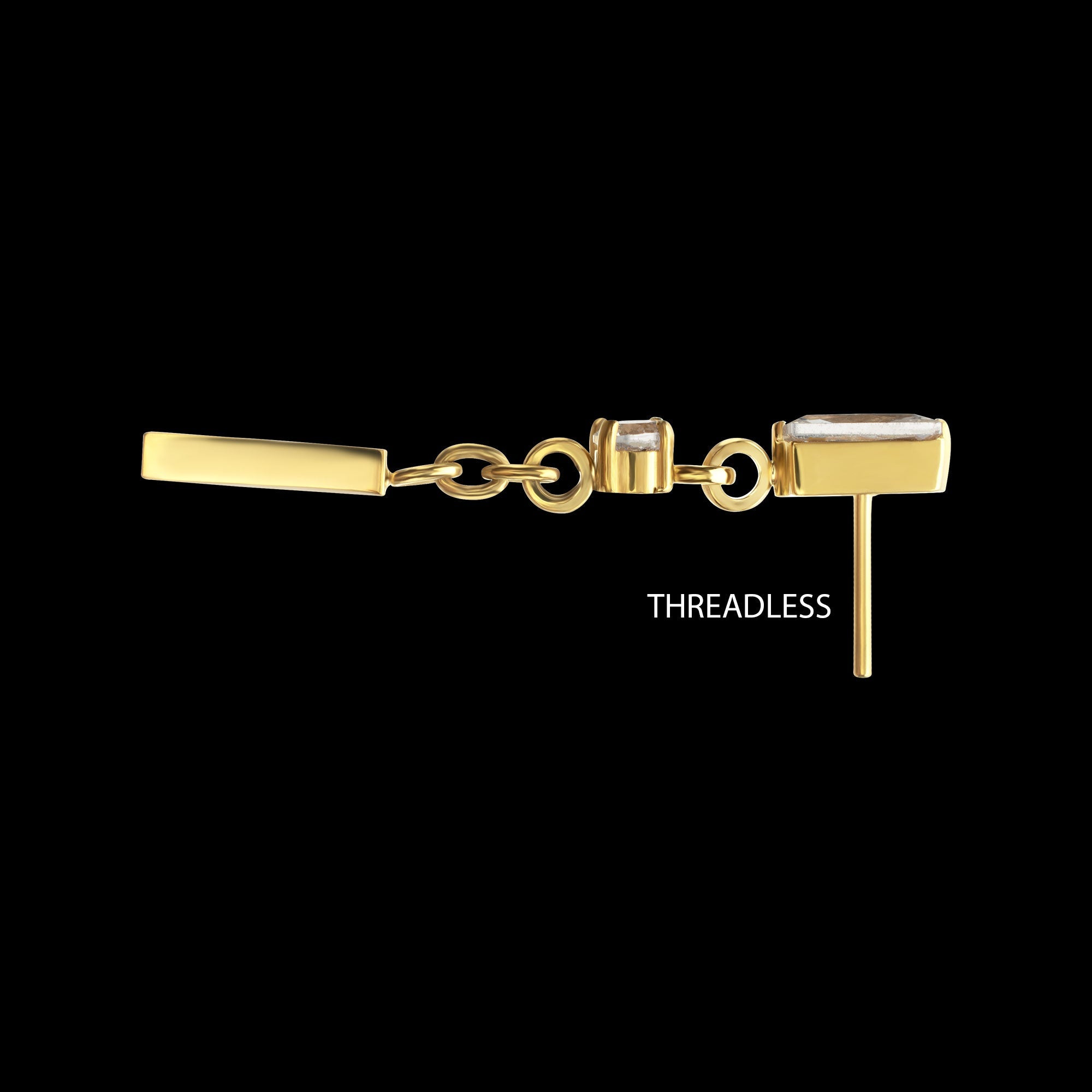 Prong-Set Gem Baguette with Round Gem & Bar Dangle Threadless Earring / Nosering – 24Kt Gold PVD Titanium