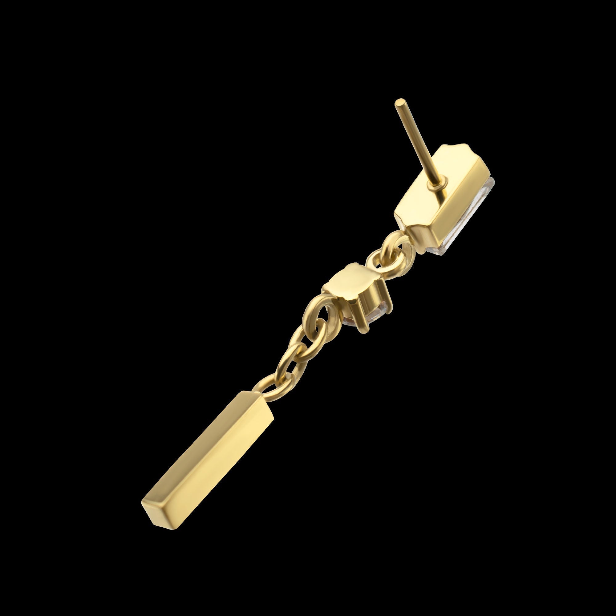 Prong-Set Gem Baguette with Round Gem & Bar Dangle Threadless Earring / Nosering – 24Kt Gold PVD Titanium