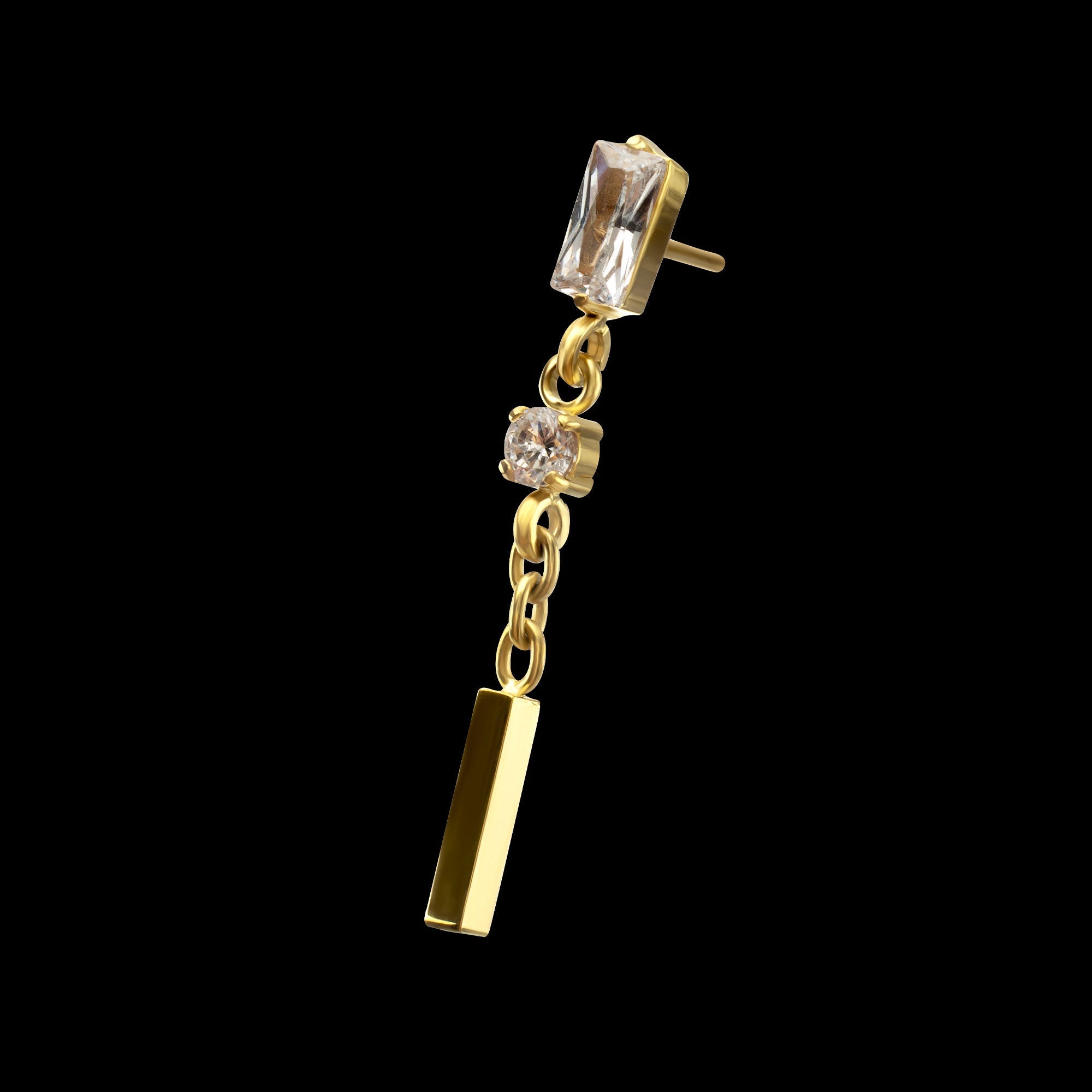 Prong-Set Gem Baguette with Round Gem & Bar Dangle Threadless Earring / Nosering – 24Kt Gold PVD Titanium