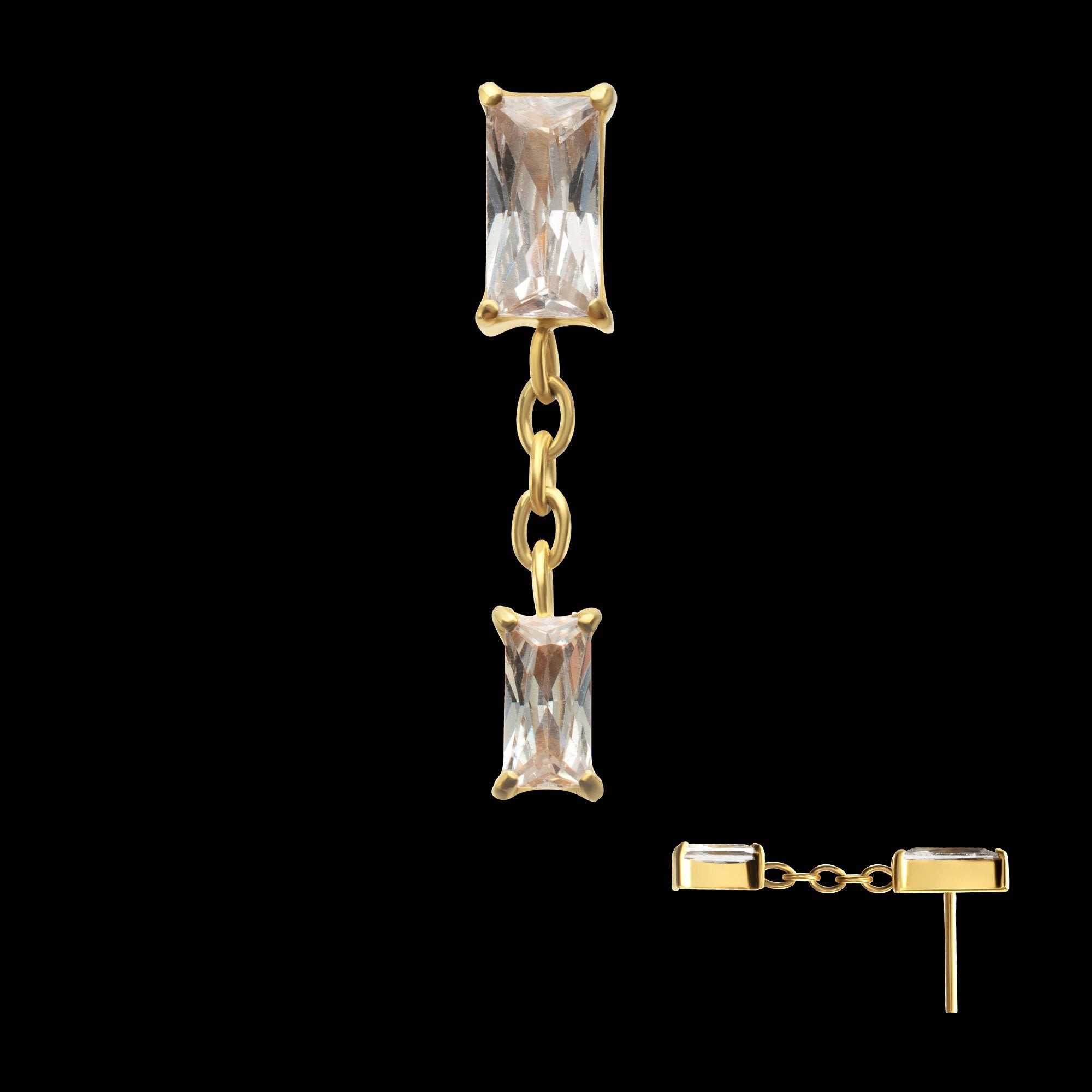 Double Baguette Prong-Set Gem Dangle Threadless Earring / Nosering – 24Kt Gold PVD Titanium