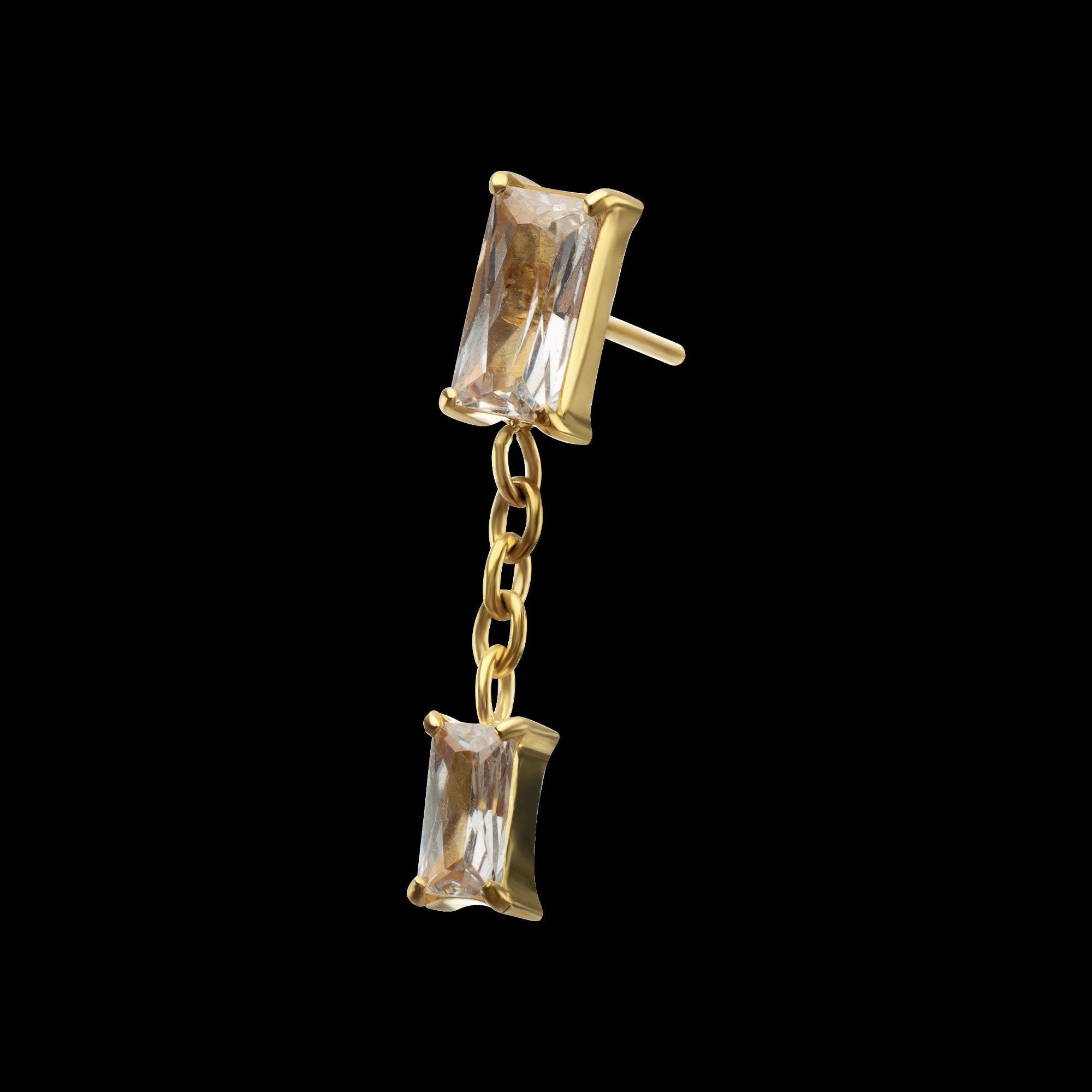 Double Baguette Prong-Set Gem Dangle Threadless Earring / Nosering – 24Kt Gold PVD Titanium