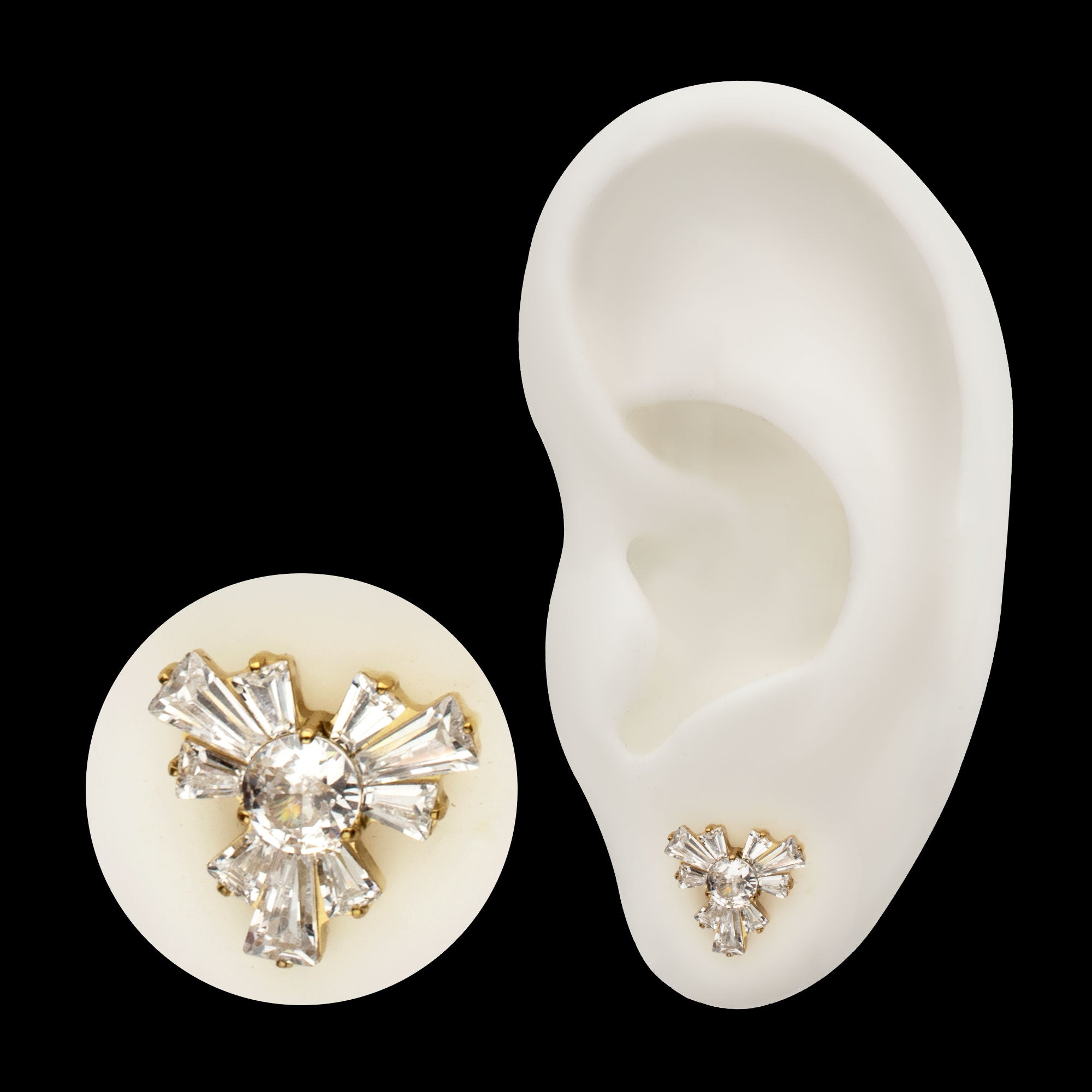 Round & Baguette Cluster Gem Radiant Beam Threadless Earring / Nosering – 24Kt Gold PVD Titanium