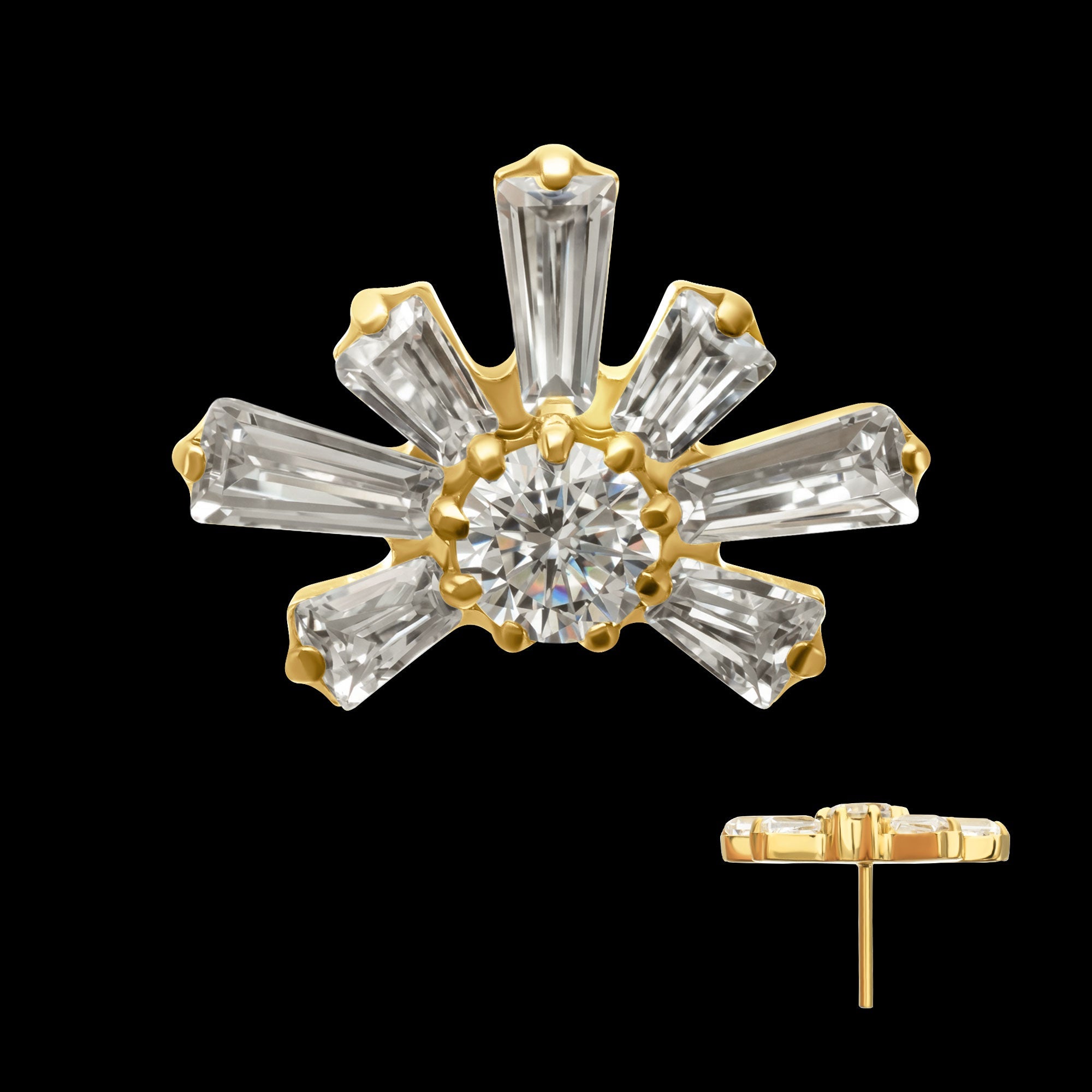 Round & Baguette Cluster Gem Sunray Threadless Earring / Nosering – 24Kt Gold PVD Titanium