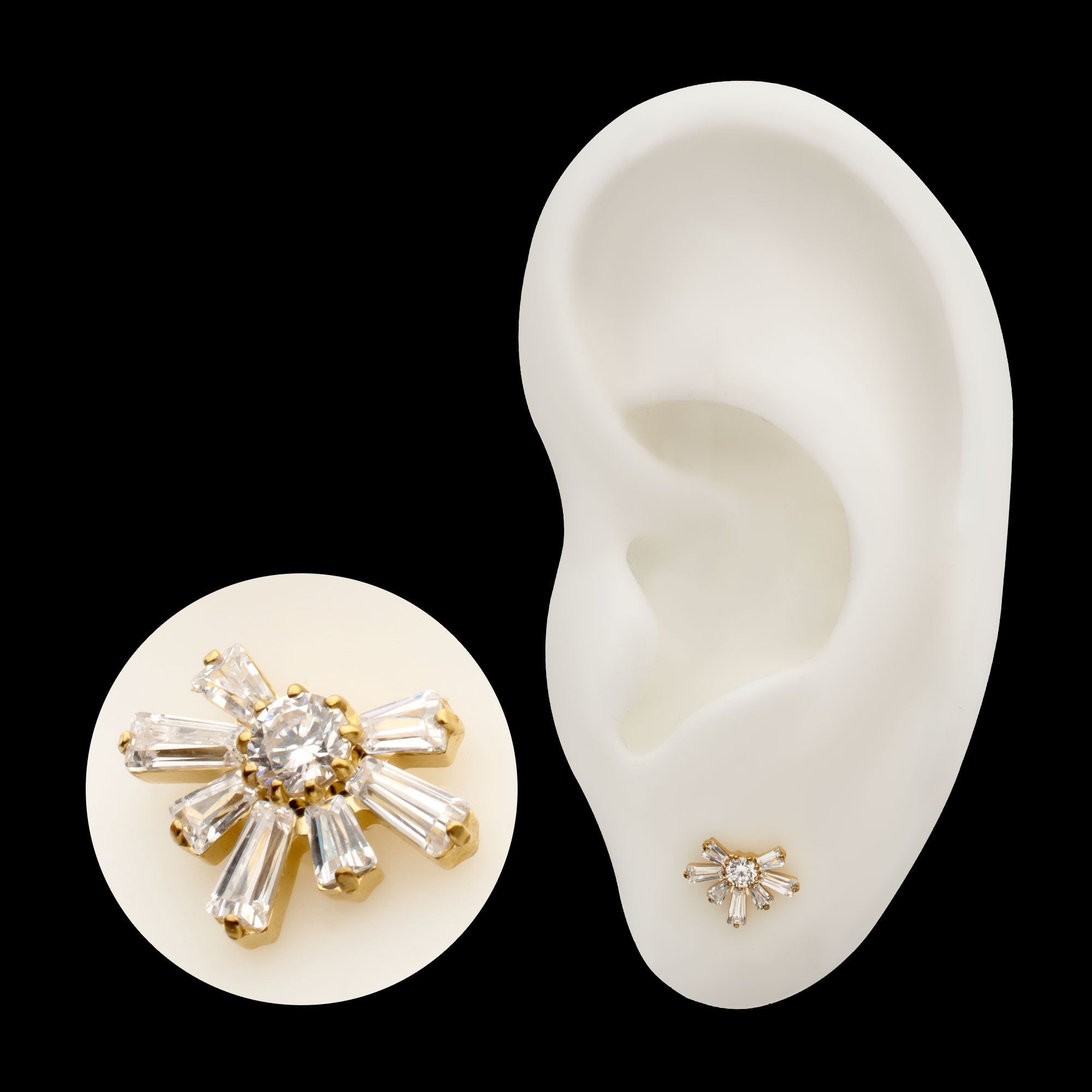 Round & Baguette Cluster Gem Sunray Threadless Earring / Nosering – 24Kt Gold PVD Titanium