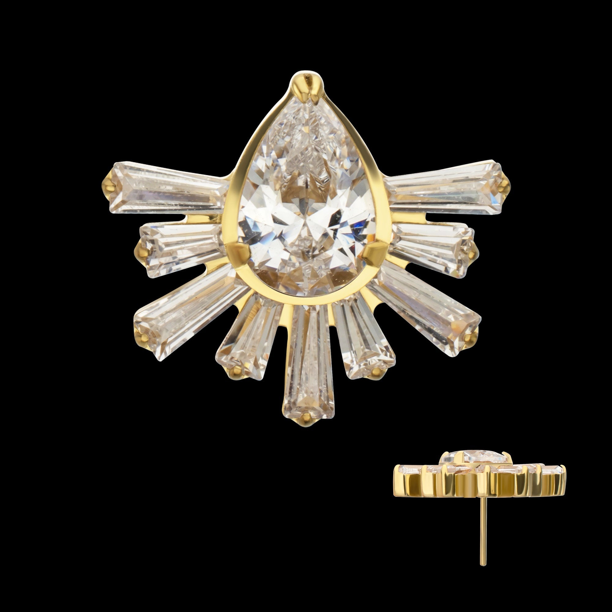 Teardrop & Baguette Cluster Gem Sunray Threadless Earring / Nosering – 24Kt Gold PVD Titanium