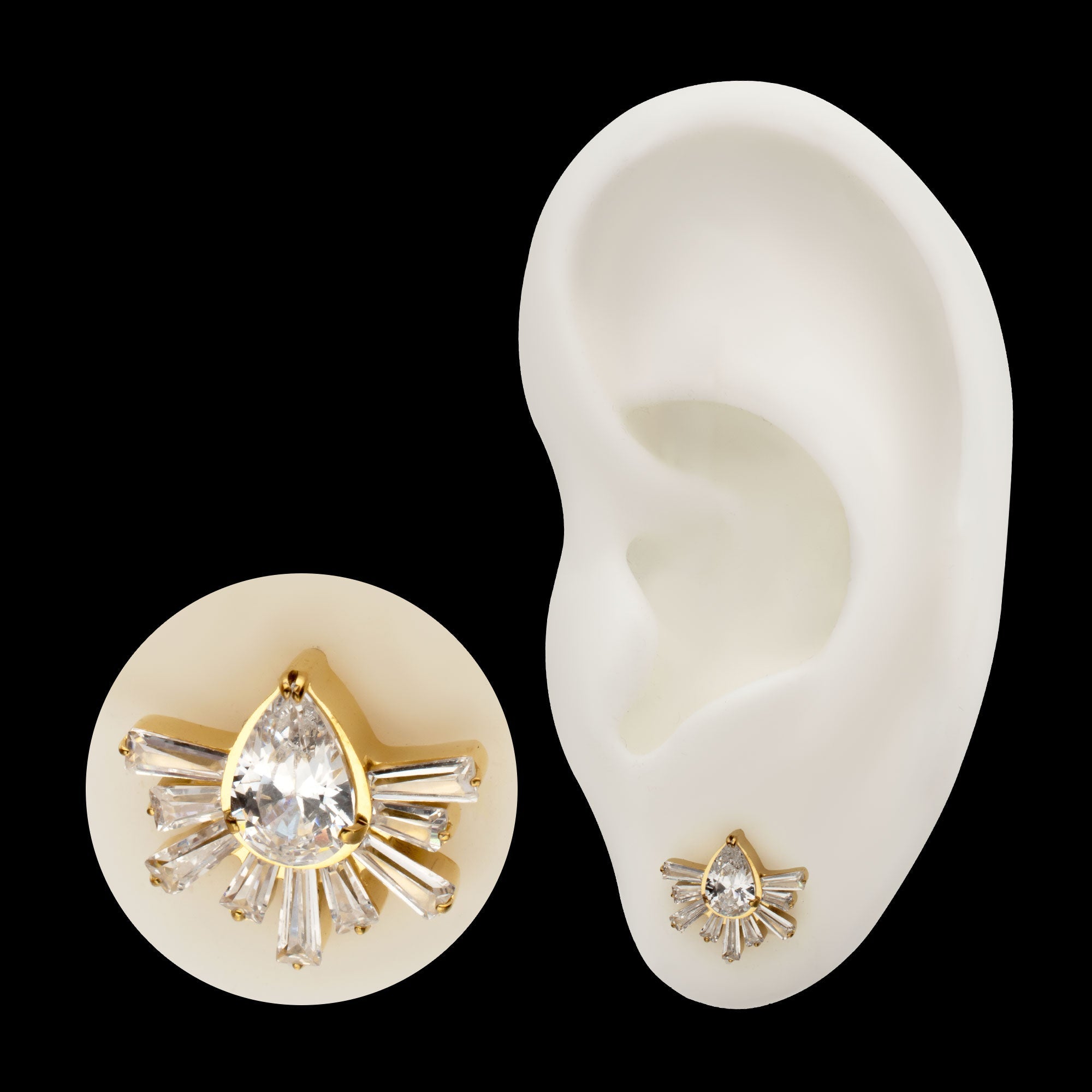 Teardrop & Baguette Cluster Gem Sunray Threadless Earring / Nosering – 24Kt Gold PVD Titanium