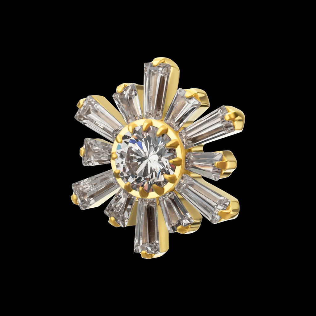 Round & Baguette Cluster Gem Sunburst Threadless Earring / Nosering – 24Kt Gold PVD Titanium