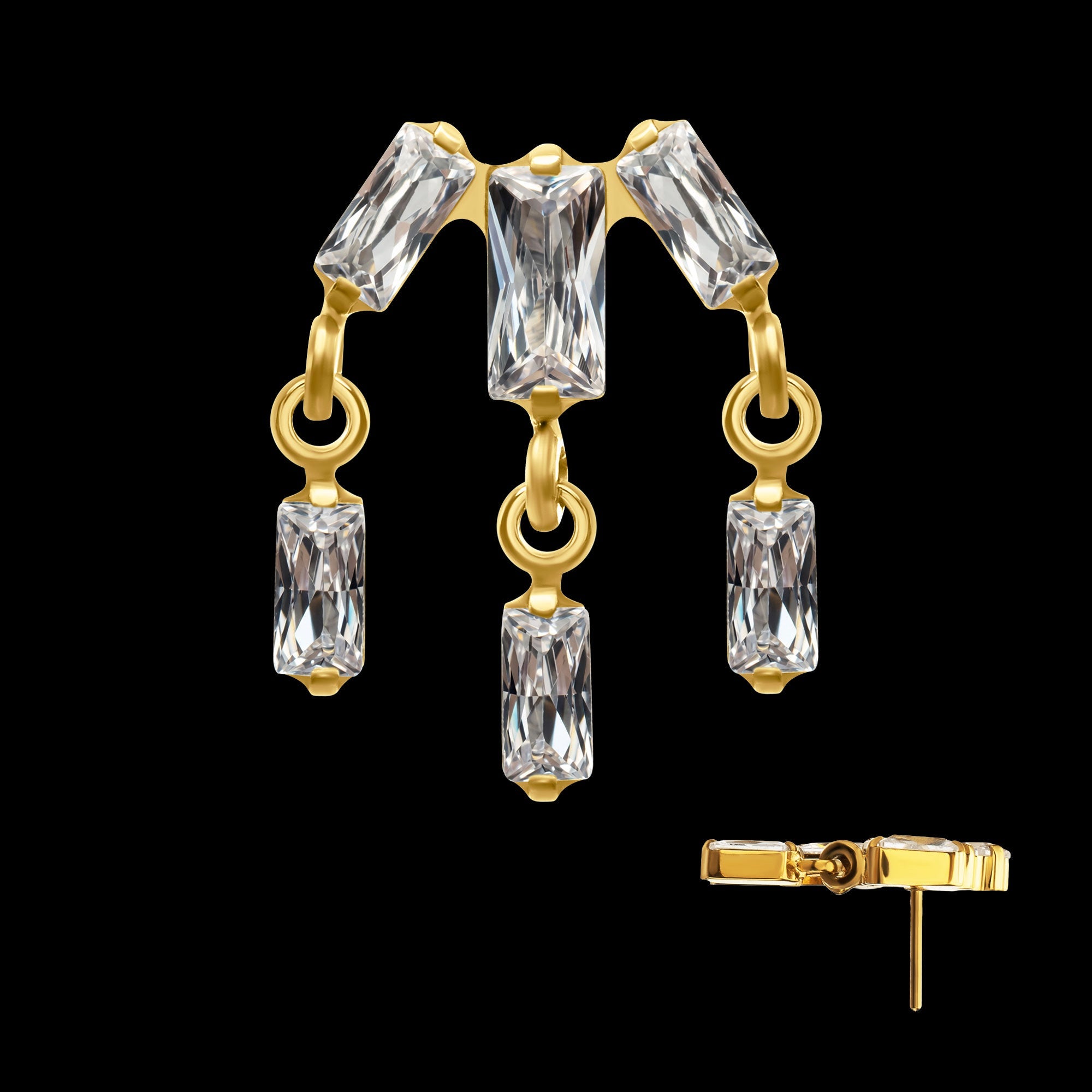 3-Cluster Baguette Prong-Set Gem with Dangle Gem Threadless Earring / Nosering – 24Kt Gold PVD Titanium