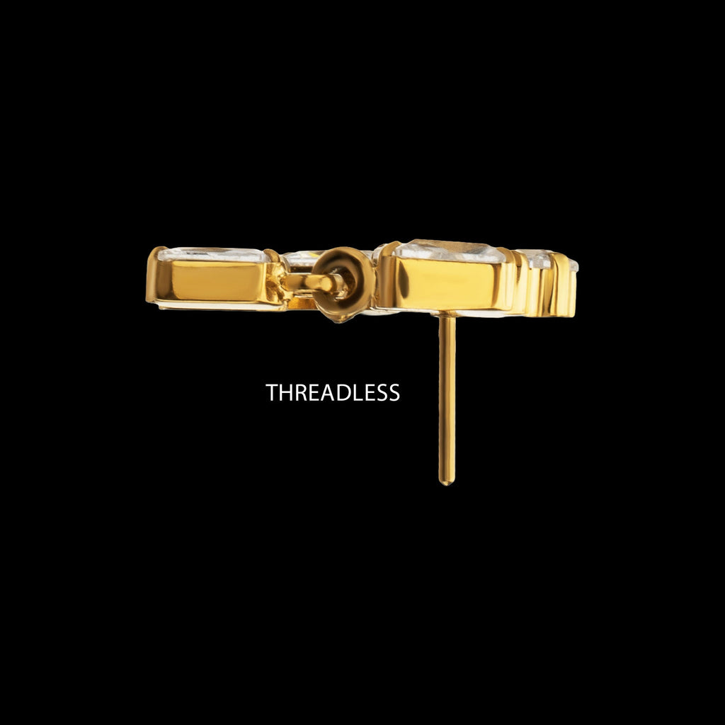 3-Cluster Baguette Prong-Set Gem with Dangle Gem Threadless Earring / Nosering – 24Kt Gold PVD Titanium