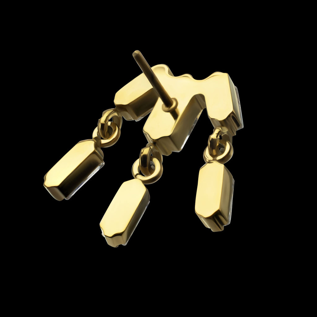 3-Cluster Baguette Prong-Set Gem with Dangle Gem Threadless Earring / Nosering – 24Kt Gold PVD Titanium