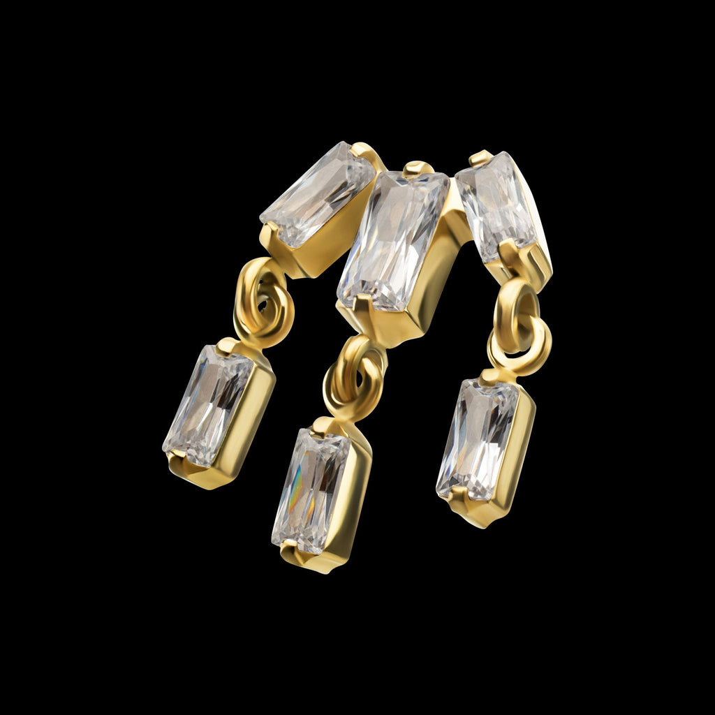 3-Cluster Baguette Prong-Set Gem with Dangle Gem Threadless Earring / Nosering – 24Kt Gold PVD Titanium