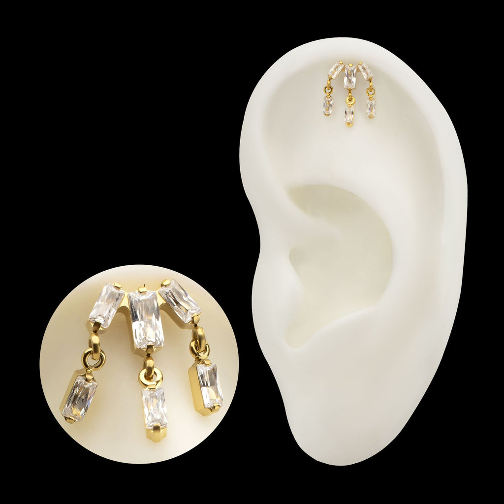 3-Cluster Baguette Prong-Set Gem with Dangle Gem Threadless Earring / Nosering – 24Kt Gold PVD Titanium
