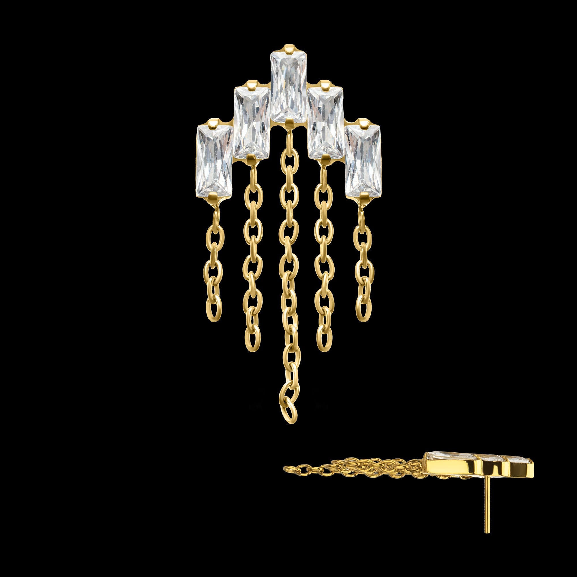 5-Cluster Baguette Prong-Set Gem with Chain Dangle Threadless Earring / Nosering – 24Kt Gold PVD Titanium