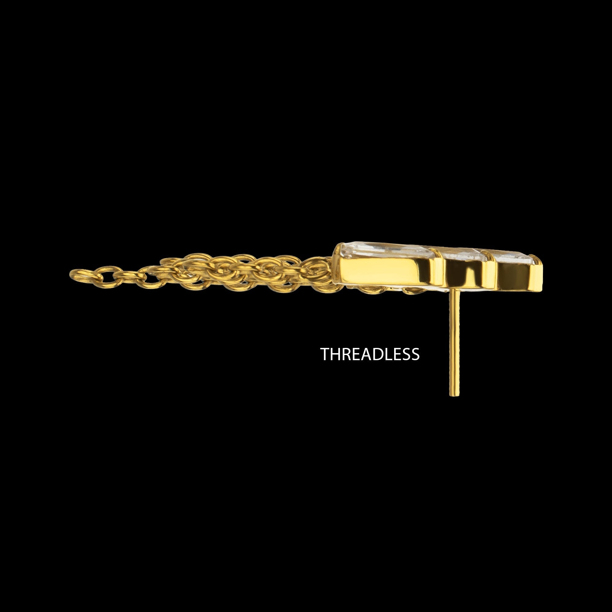 5-Cluster Baguette Prong-Set Gem with Chain Dangle Threadless Earring / Nosering – 24Kt Gold PVD Titanium