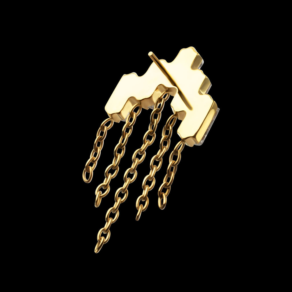 5-Cluster Baguette Prong-Set Gem with Chain Dangle Threadless Earring / Nosering – 24Kt Gold PVD Titanium