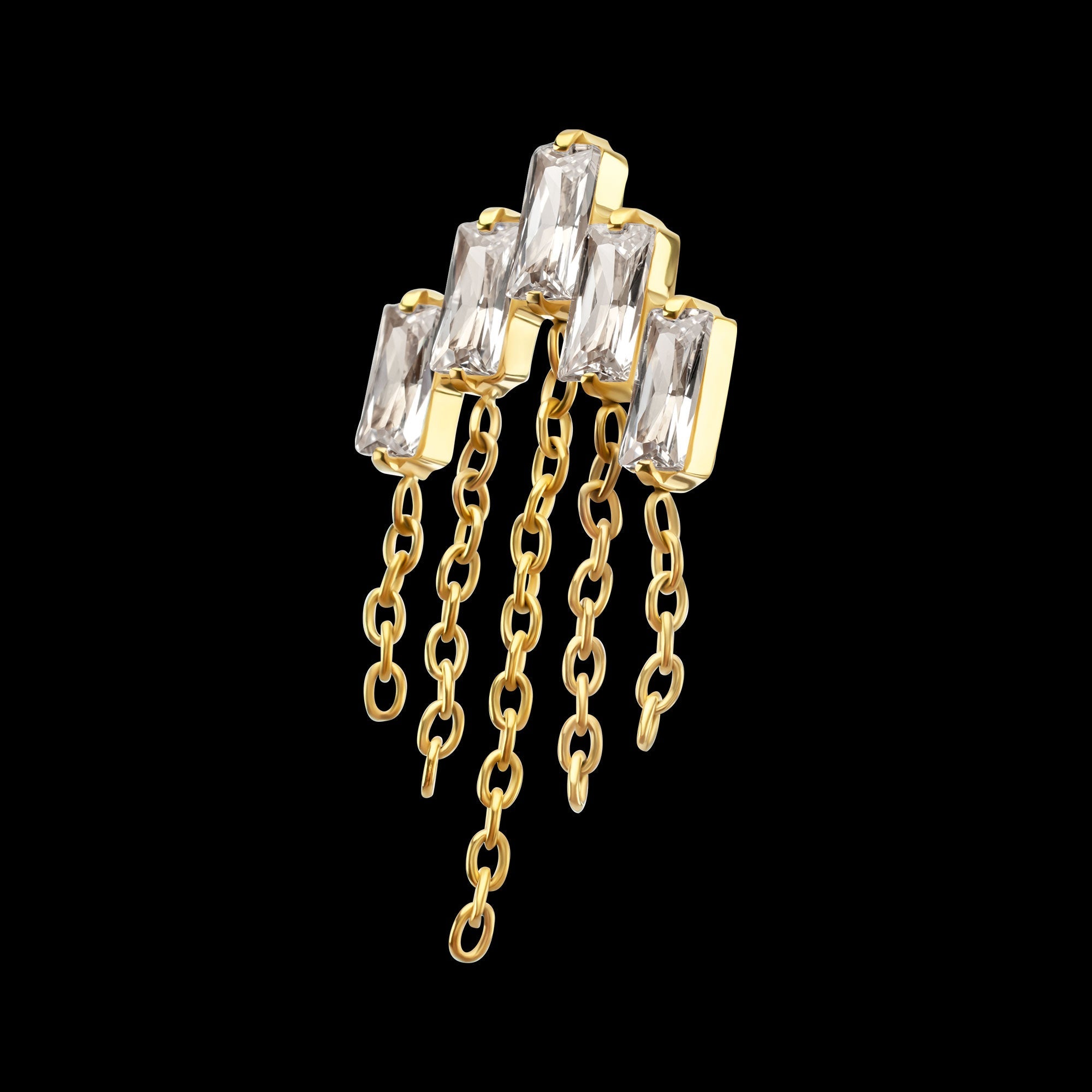 5-Cluster Baguette Prong-Set Gem with Chain Dangle Threadless Earring / Nosering – 24Kt Gold PVD Titanium