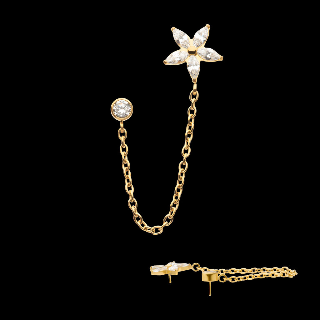 Marquise Flower Shape & Bezel Round Gem with Dangle Rolo Chain Flatback Stud Earring / Nosering - Gem in 24Kt Gold PVD Titanium