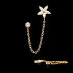 Marquise Flower Shape & Bezel Round Gem with Dangle Rolo Chain Flatback Stud Earring / Nosering - Gem in 24Kt Gold PVD Titanium