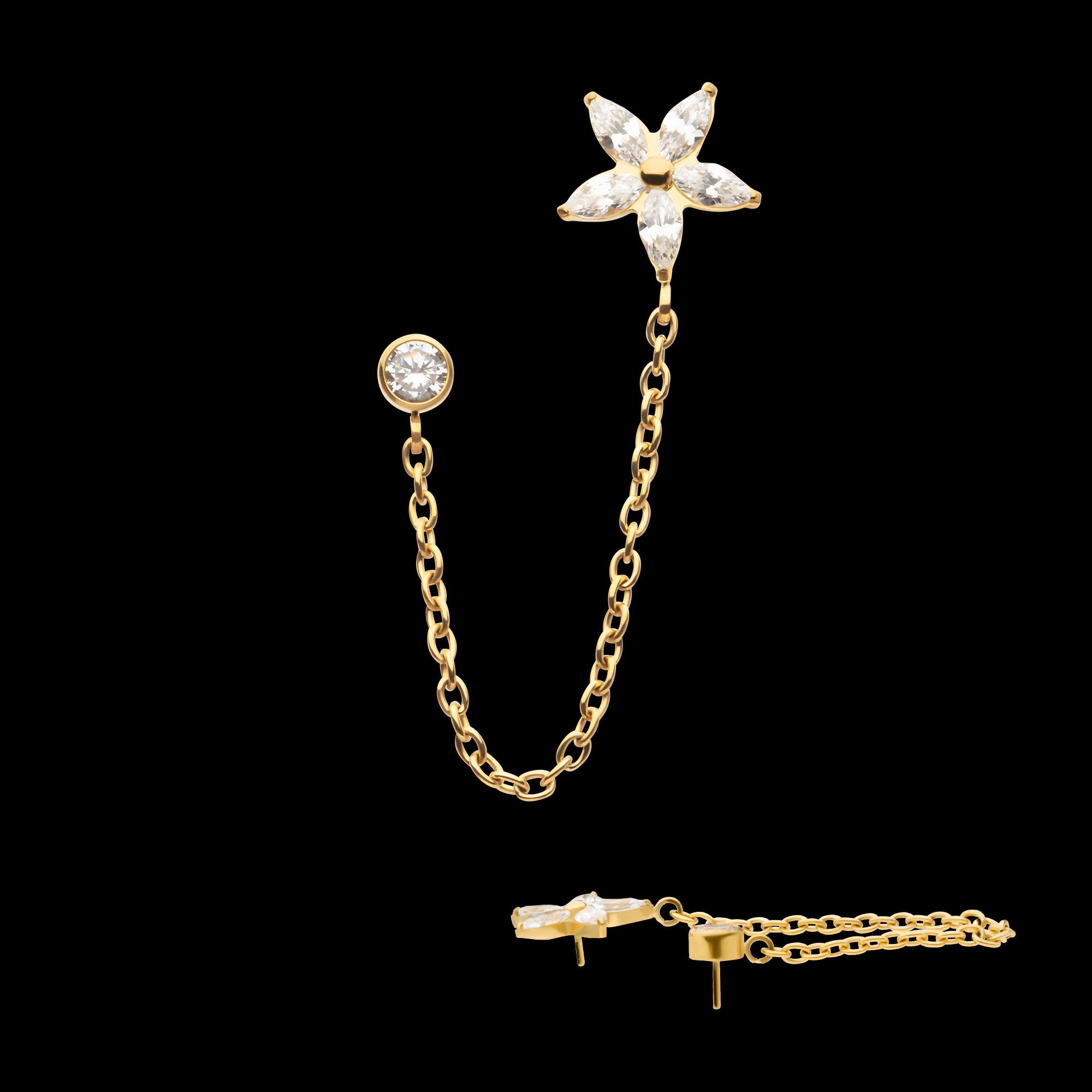 Marquise Flower Shape & Bezel Round Gem with Dangle Rolo Chain Flatback Stud Earring / Nosering - Gem in 24Kt Gold PVD Titanium