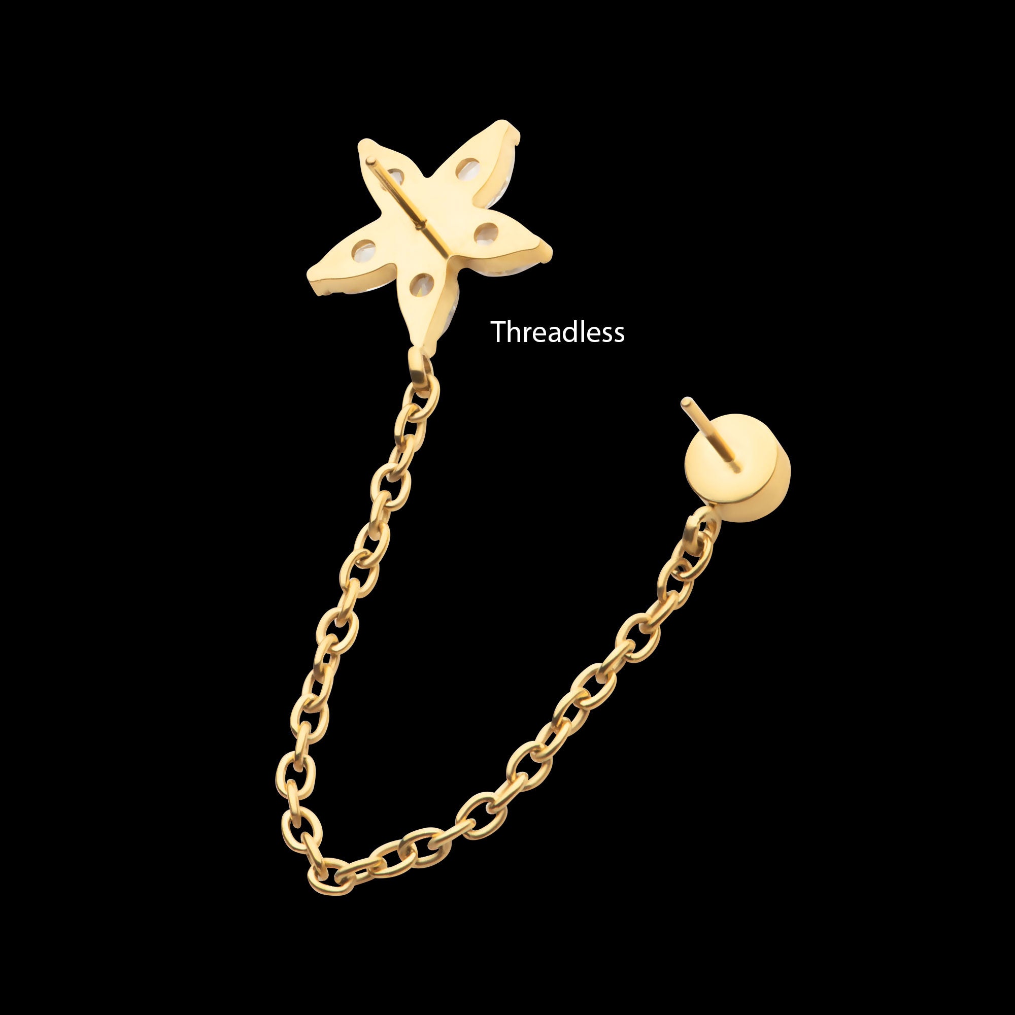 Marquise Flower Shape & Bezel Round Gem with Dangle Rolo Chain Flatback Stud Earring / Nosering - Gem in 24Kt Gold PVD Titanium