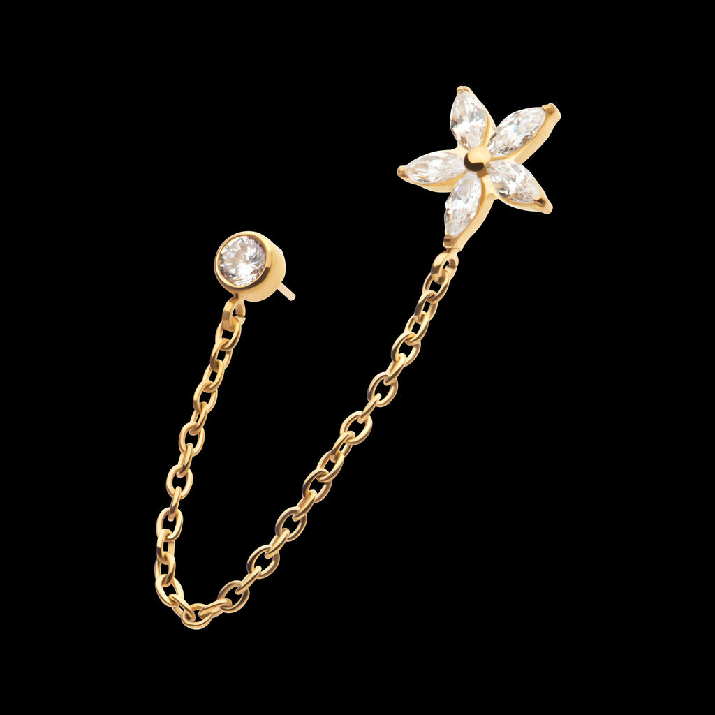 Marquise Flower Shape & Bezel Round Gem with Dangle Rolo Chain Flatback Stud Earring / Nosering - Gem in 24Kt Gold PVD Titanium