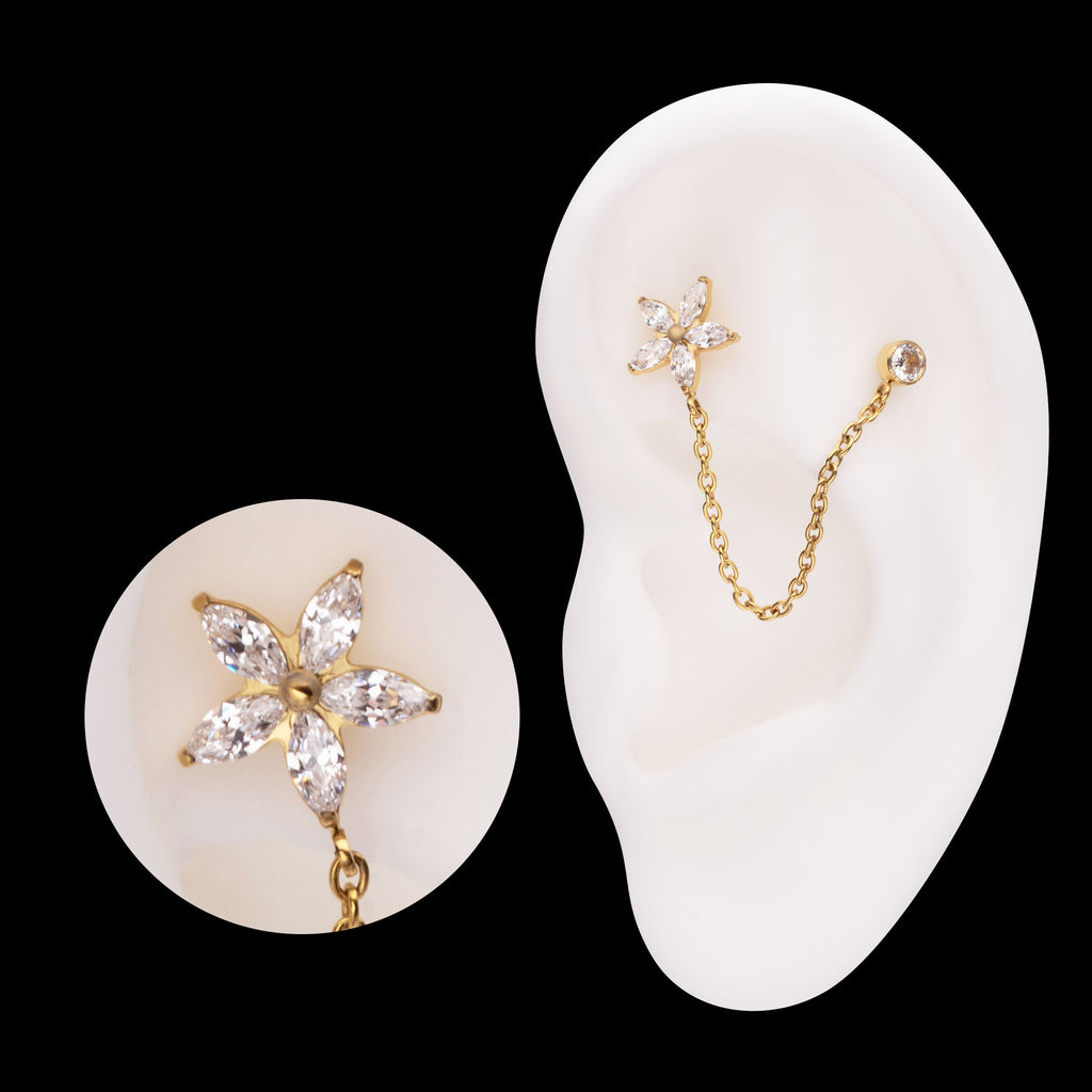 Marquise Flower Shape & Bezel Round Gem with Dangle Rolo Chain Flatback Stud Earring / Nosering - Gem in 24Kt Gold PVD Titanium
