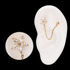 Marquise Flower Shape & Bezel Round Gem with Dangle Rolo Chain Flatback Stud Earring / Nosering - Gem in 24Kt Gold PVD Titanium