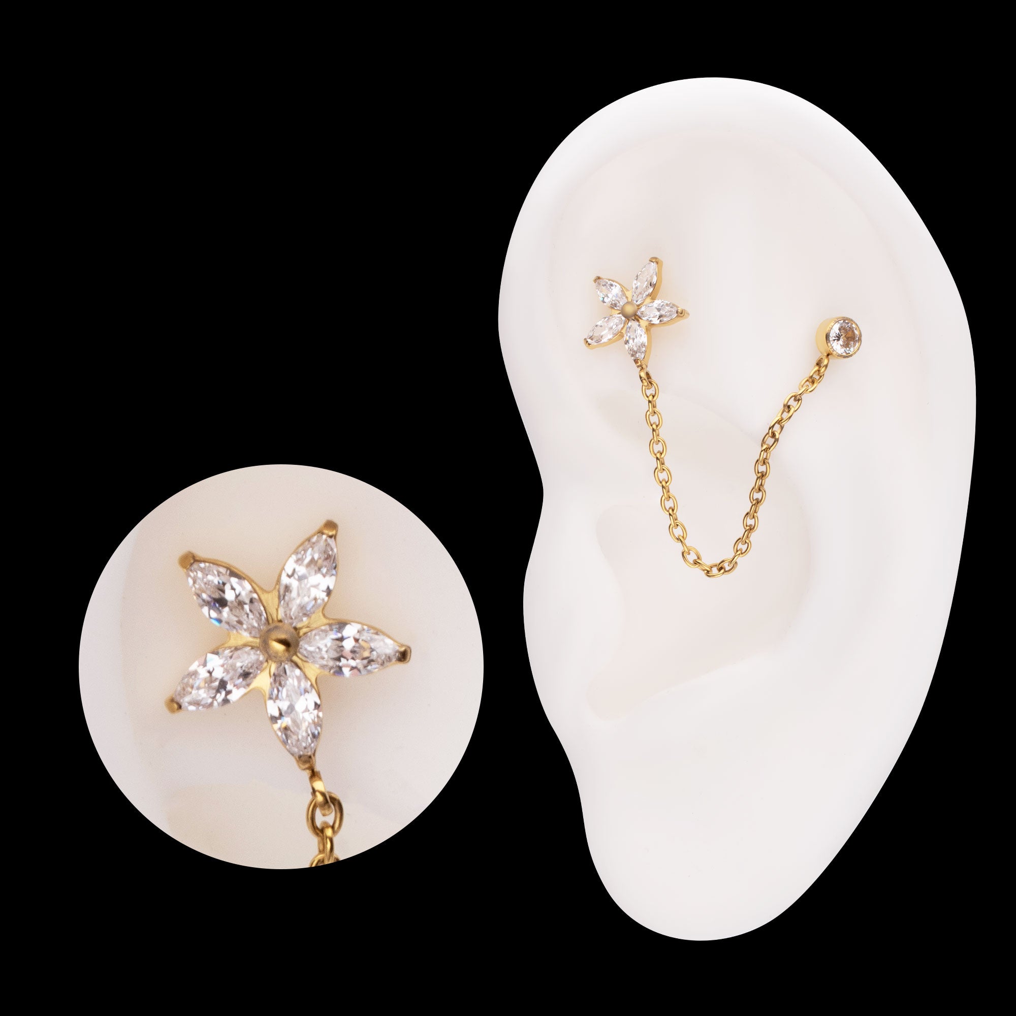 Marquise Flower Shape & Bezel Round Gem with Dangle Rolo Chain Flatback Stud Earring / Nosering - Gem in 24Kt Gold PVD Titanium
