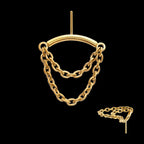 Vertical Helix Curved Bar with 2-Tier Chain Dangle Flatback Stud Earring / Nosering - 24Kt Gold PVD Titanium
