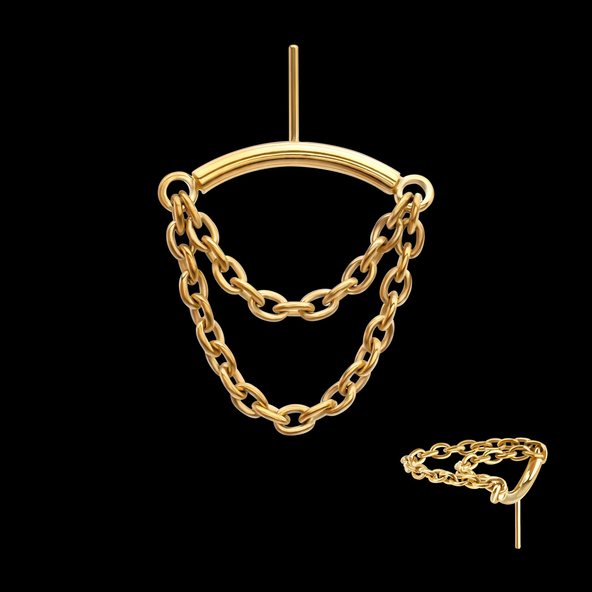 Vertical Helix Curved Bar with 2-Tier Chain Dangle Flatback Stud Earring / Nosering - 24Kt Gold PVD Titanium