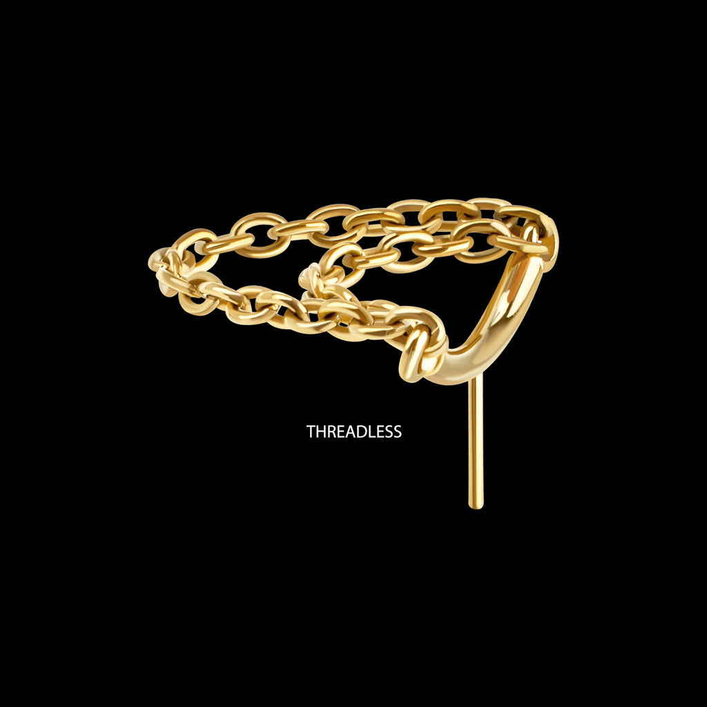 Vertical Helix Curved Bar with 2-Tier Chain Dangle Flatback Stud Earring / Nosering - 24Kt Gold PVD Titanium