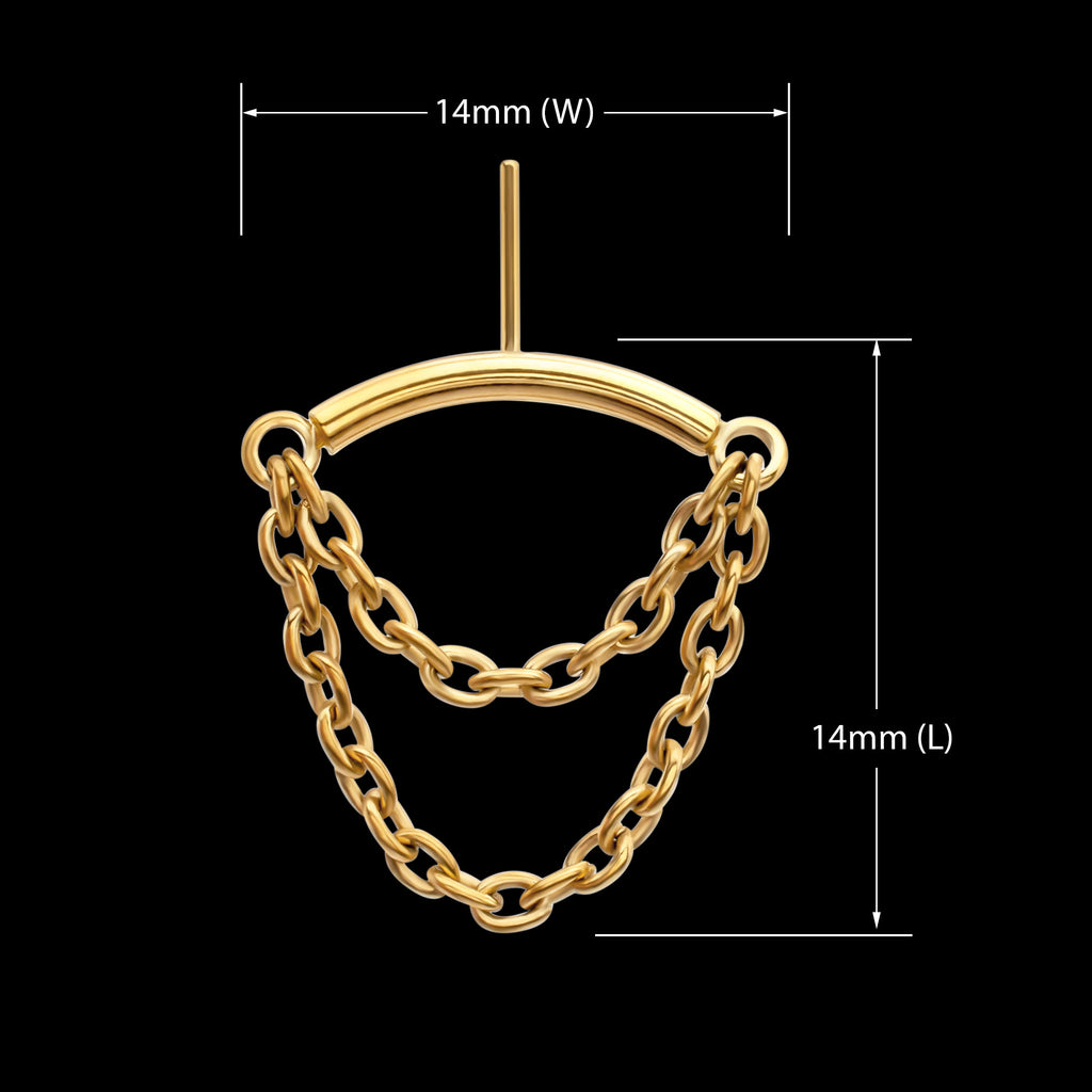 Vertical Helix Curved Bar with 2-Tier Chain Dangle Flatback Stud Earring / Nosering - 24Kt Gold PVD Titanium