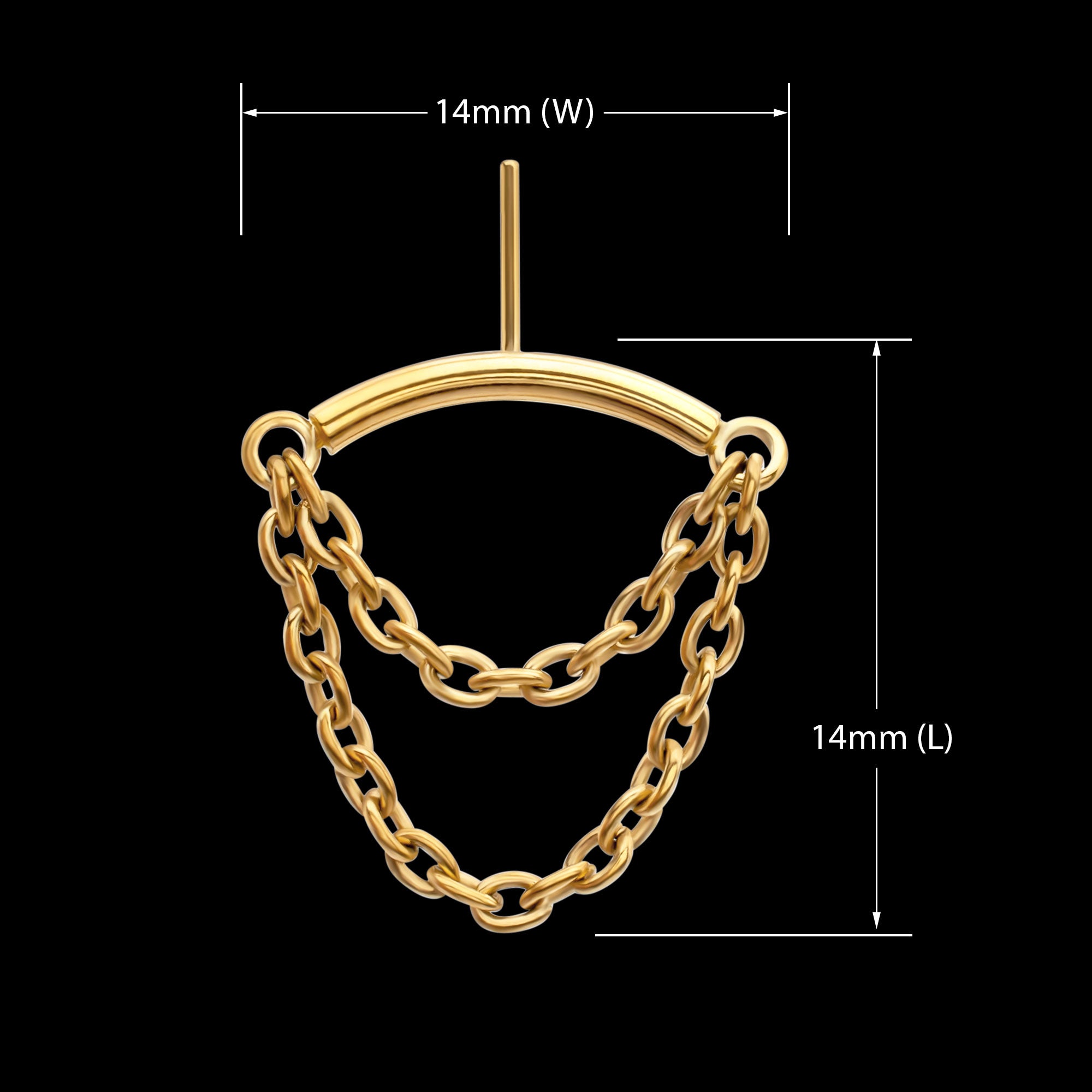 Vertical Helix Curved Bar with 2-Tier Chain Dangle Flatback Stud Earring / Nosering - 24Kt Gold PVD Titanium