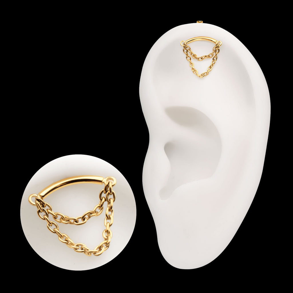 Vertical Helix Curved Bar with 2-Tier Chain Dangle Flatback Stud Earring / Nosering - 24Kt Gold PVD Titanium