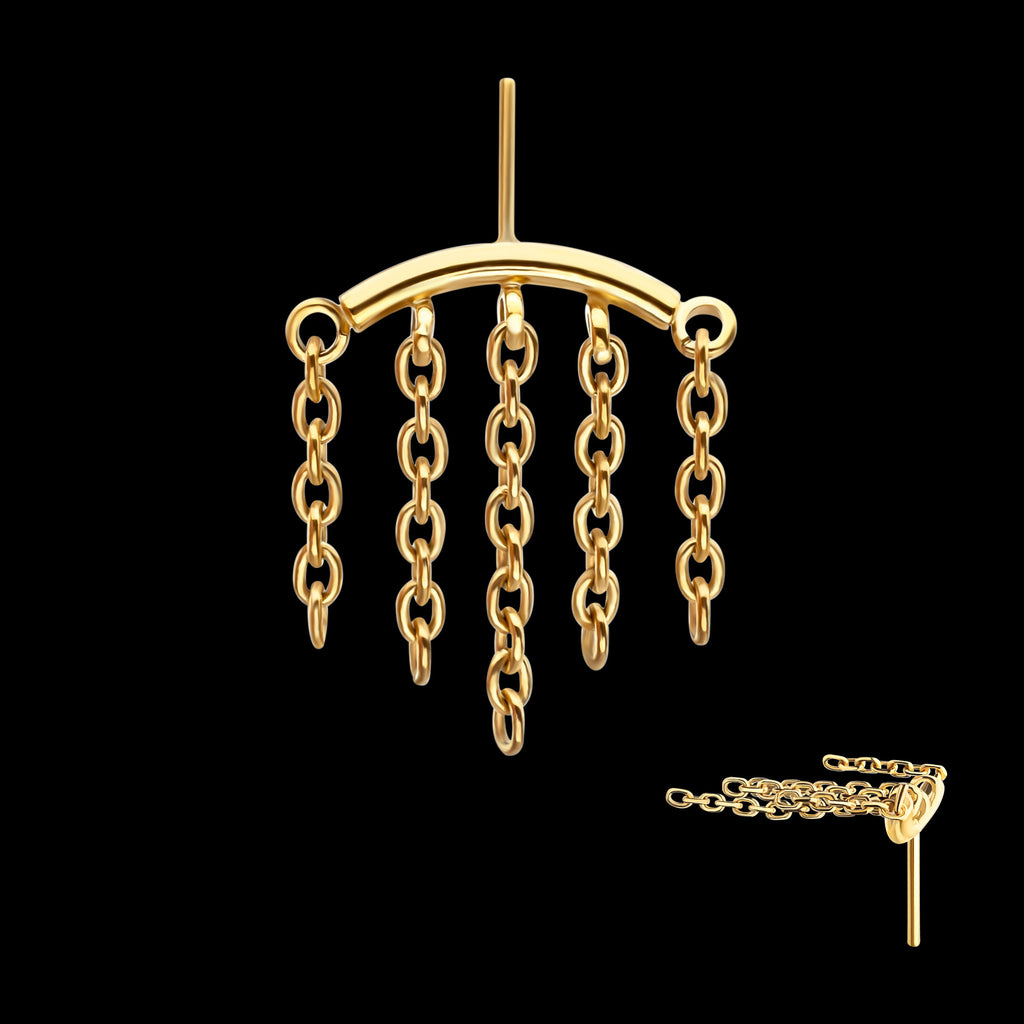 Vertical Helix Curved Bar with 5-Chain Dangle Flatback Stud Earring / Nosering - 24Kt Gold PVD Titanium