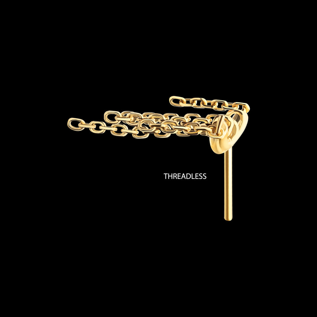 Vertical Helix Curved Bar with 5-Chain Dangle Flatback Stud Earring / Nosering - 24Kt Gold PVD Titanium