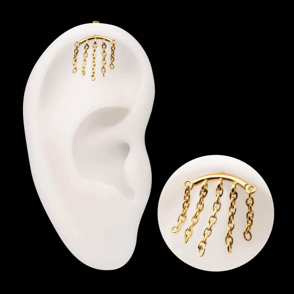 Vertical Helix Curved Bar with 5-Chain Dangle Flatback Stud Earring / Nosering - 24Kt Gold PVD Titanium