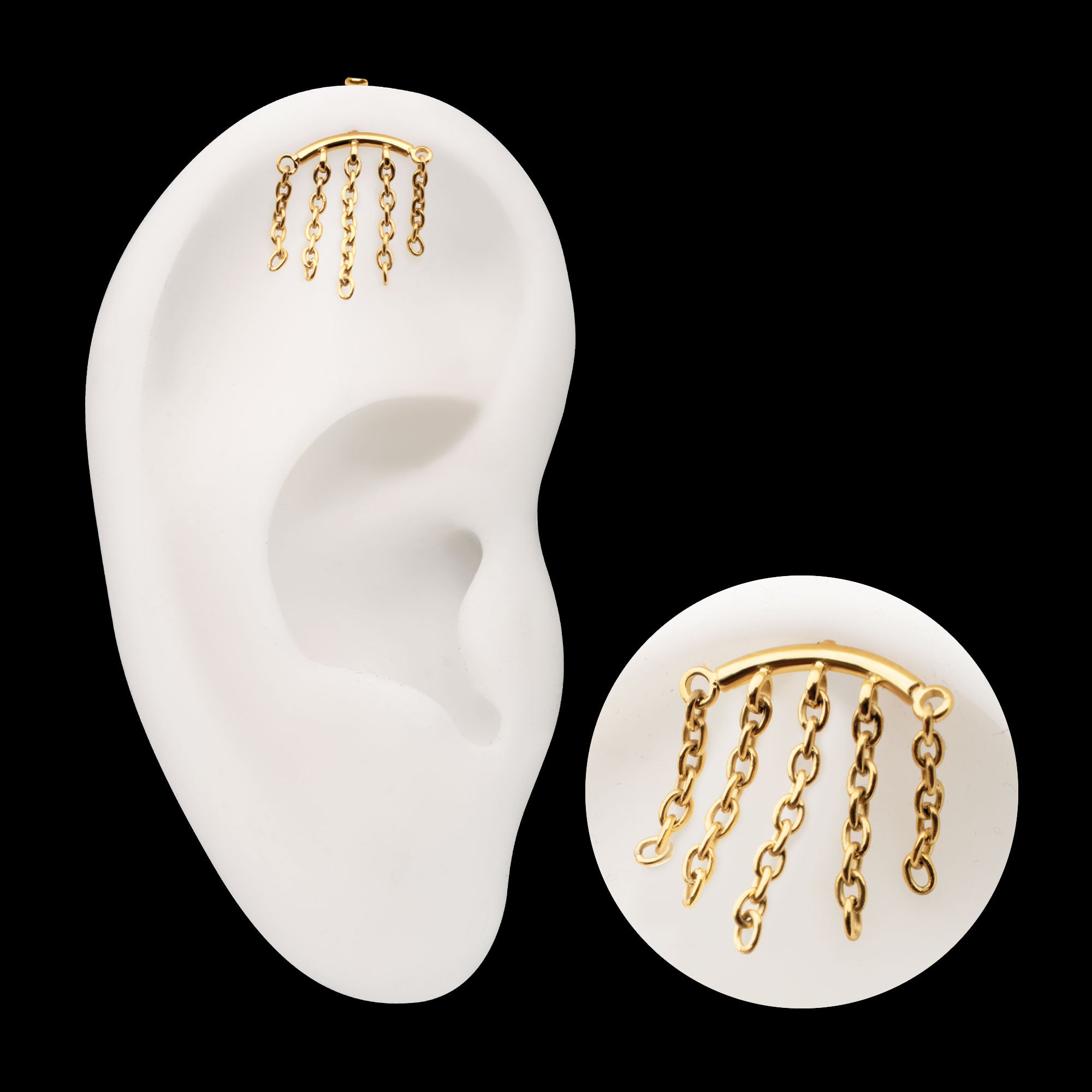Vertical Helix Curved Bar with 5-Chain Dangle Flatback Stud Earring / Nosering - 24Kt Gold PVD Titanium