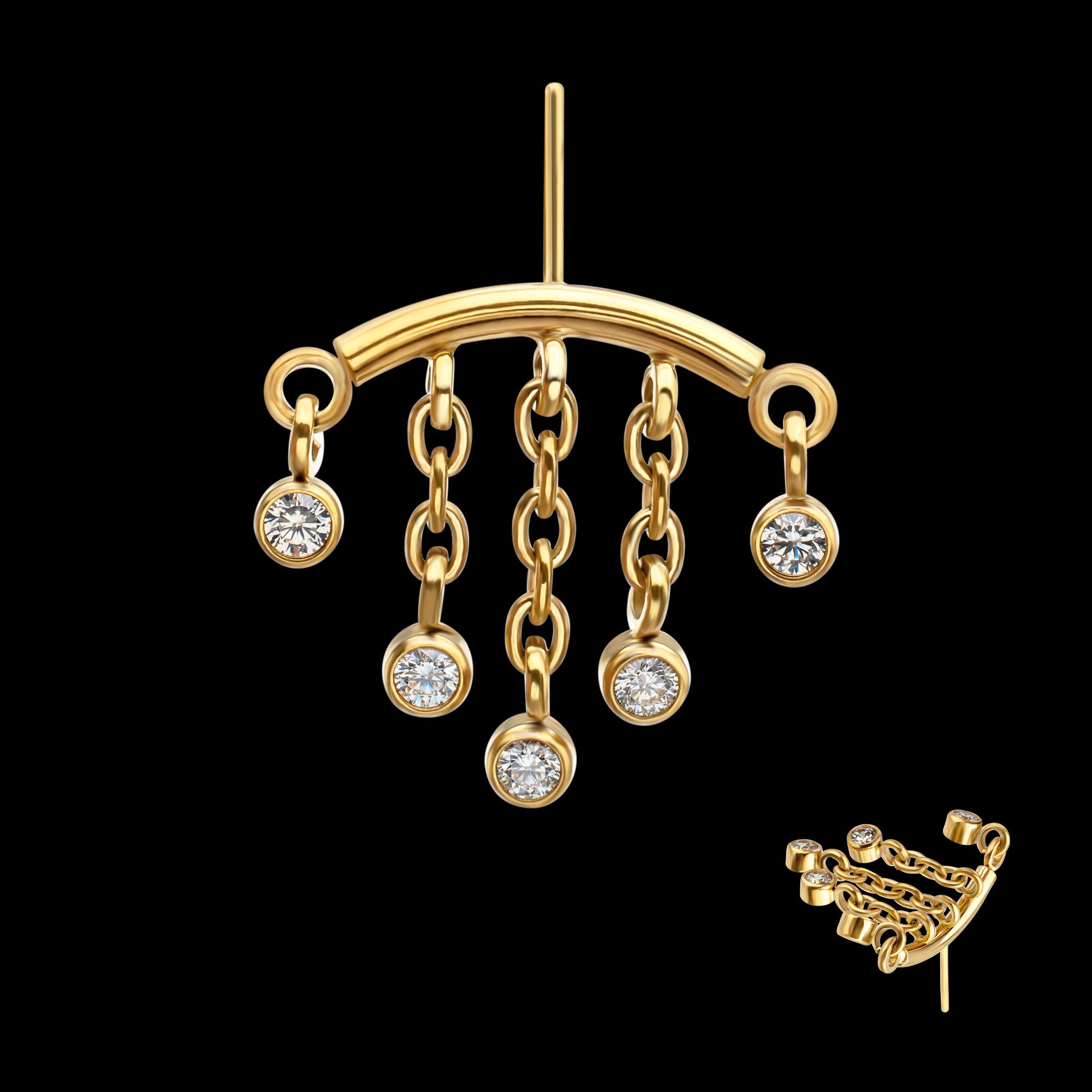 Vertical Helix Curved Bar with 5-Chain Bezel Gem Dangle Flatback Stud Earring / Nosering - Gem in 24Kt Gold PVD Titanium