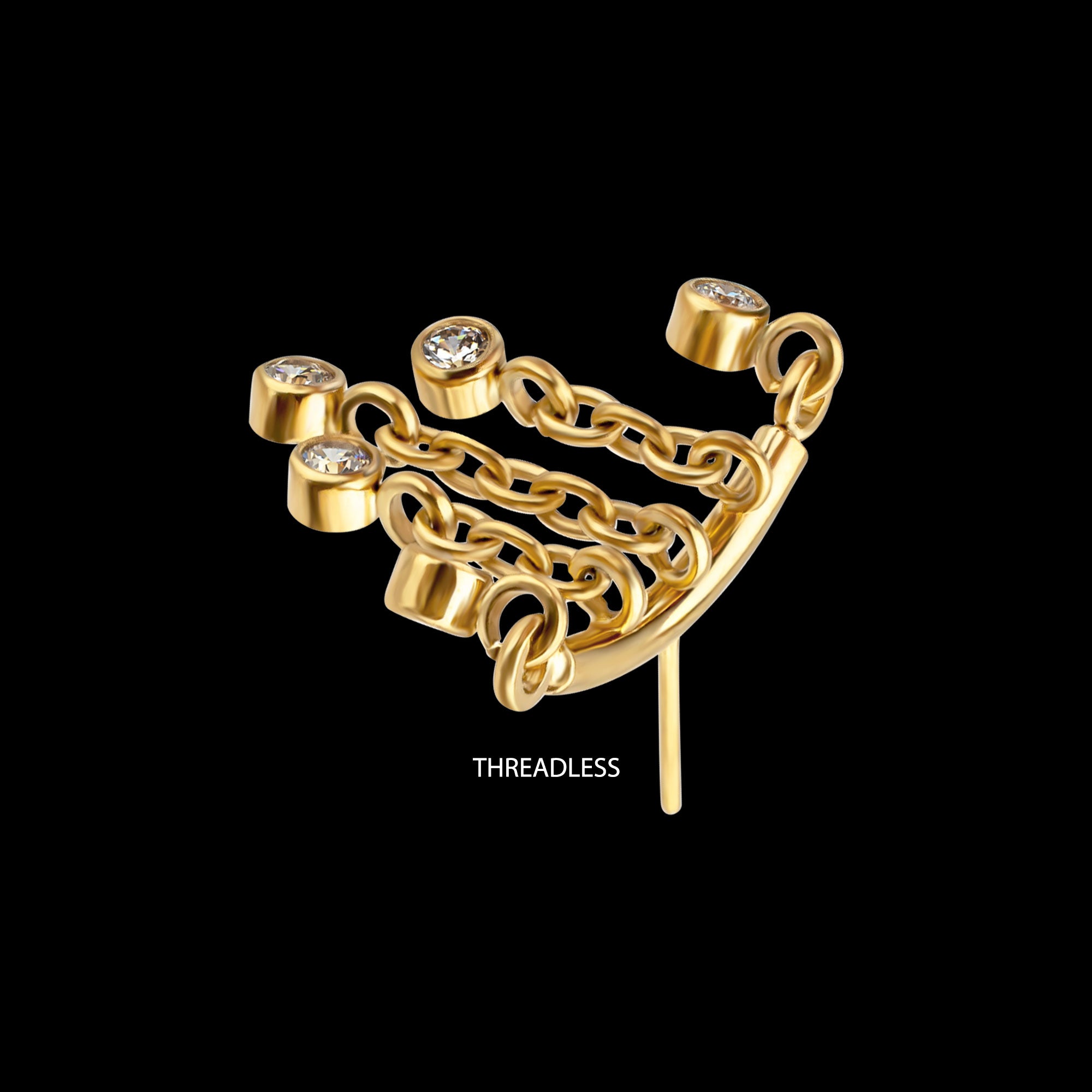 Vertical Helix Curved Bar with 5-Chain Bezel Gem Dangle Flatback Stud Earring / Nosering - Gem in 24Kt Gold PVD Titanium
