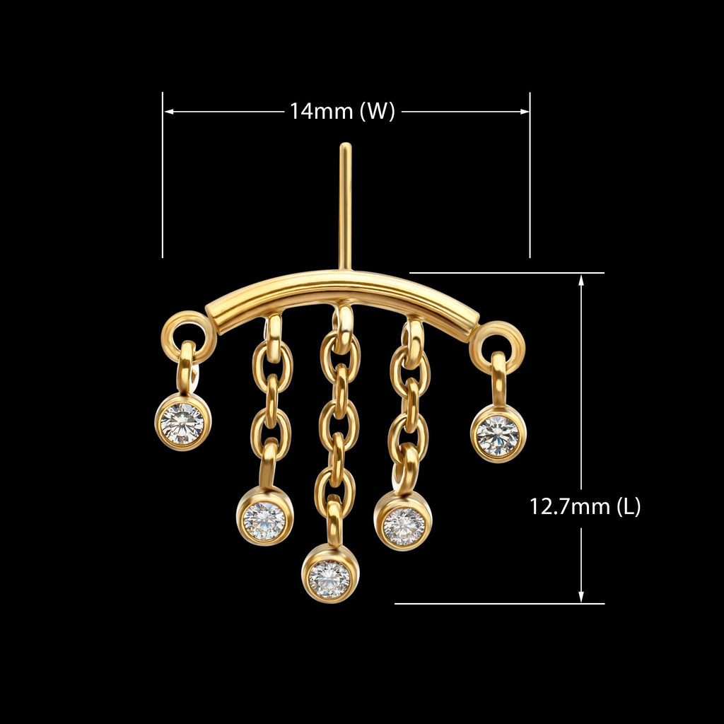 Vertical Helix Curved Bar with 5-Chain Bezel Gem Dangle Flatback Stud Earring / Nosering - Gem in 24Kt Gold PVD Titanium