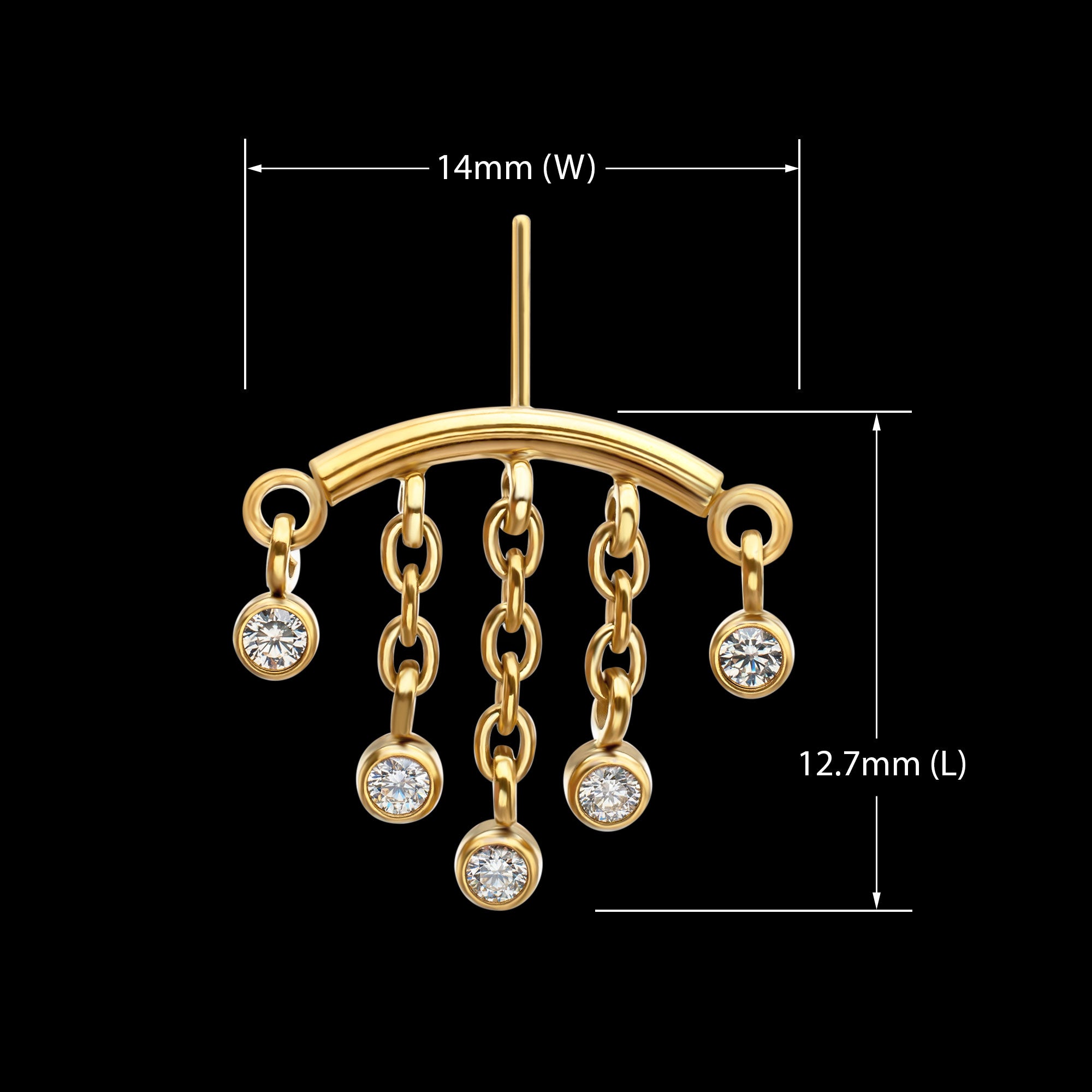 Vertical Helix Curved Bar with 5-Chain Bezel Gem Dangle Flatback Stud Earring / Nosering - Gem in 24Kt Gold PVD Titanium